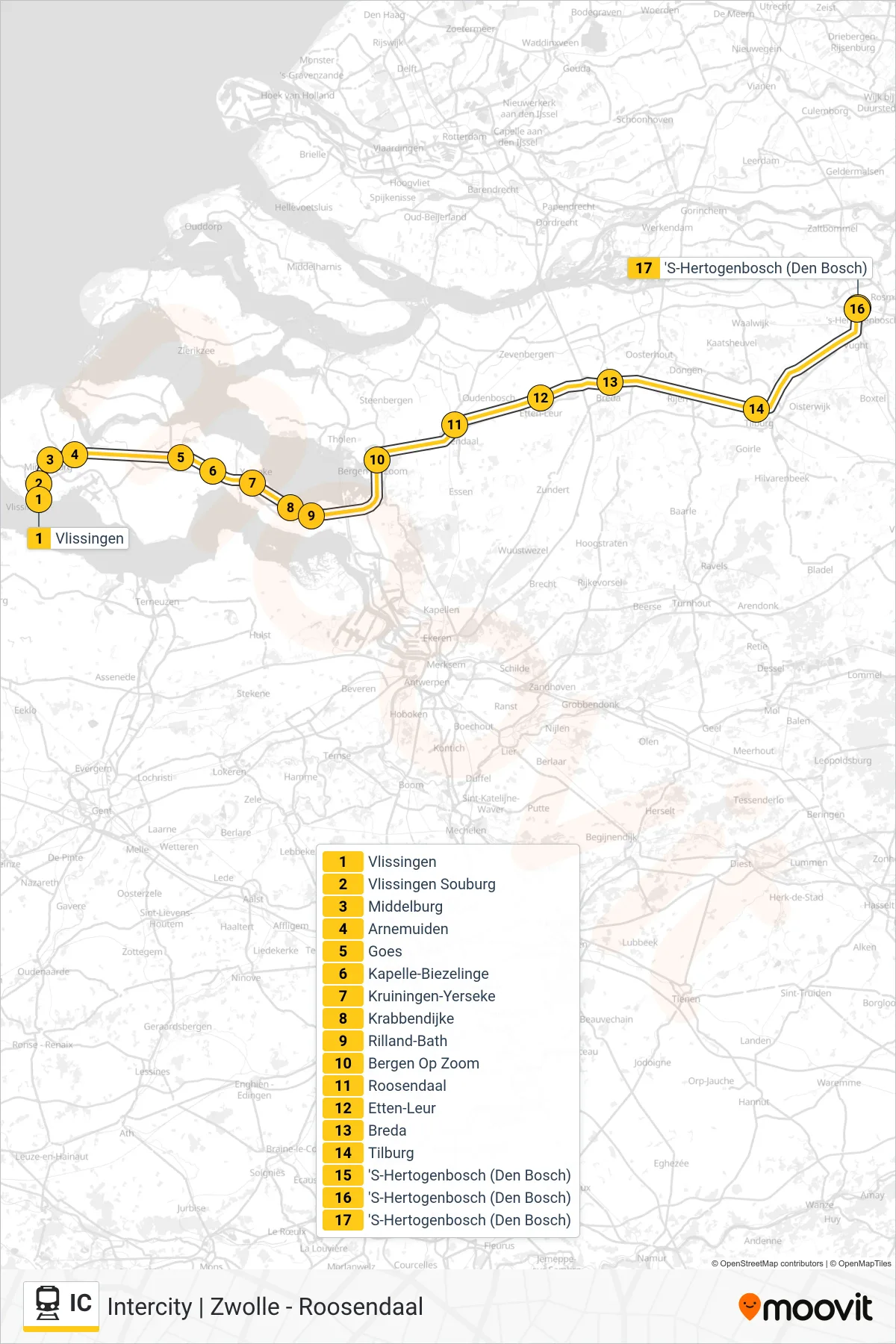 IC train Line ('S-Hertogenbosch) route and stops on a map