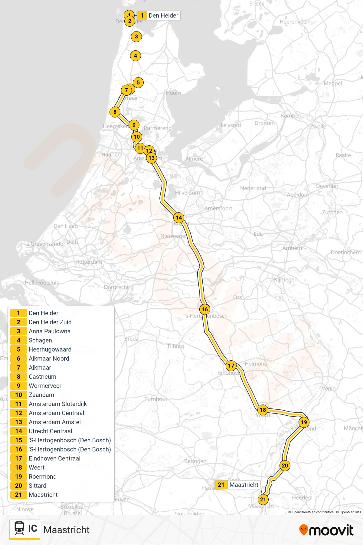 Linie IC (Bahn) Richtung Maastricht: Route und Haltestellen auf der Karte