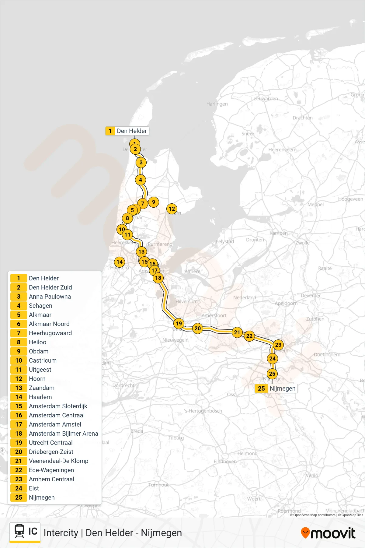 Lijn IC (trein, Nijmegen): route en haltes op de kaart