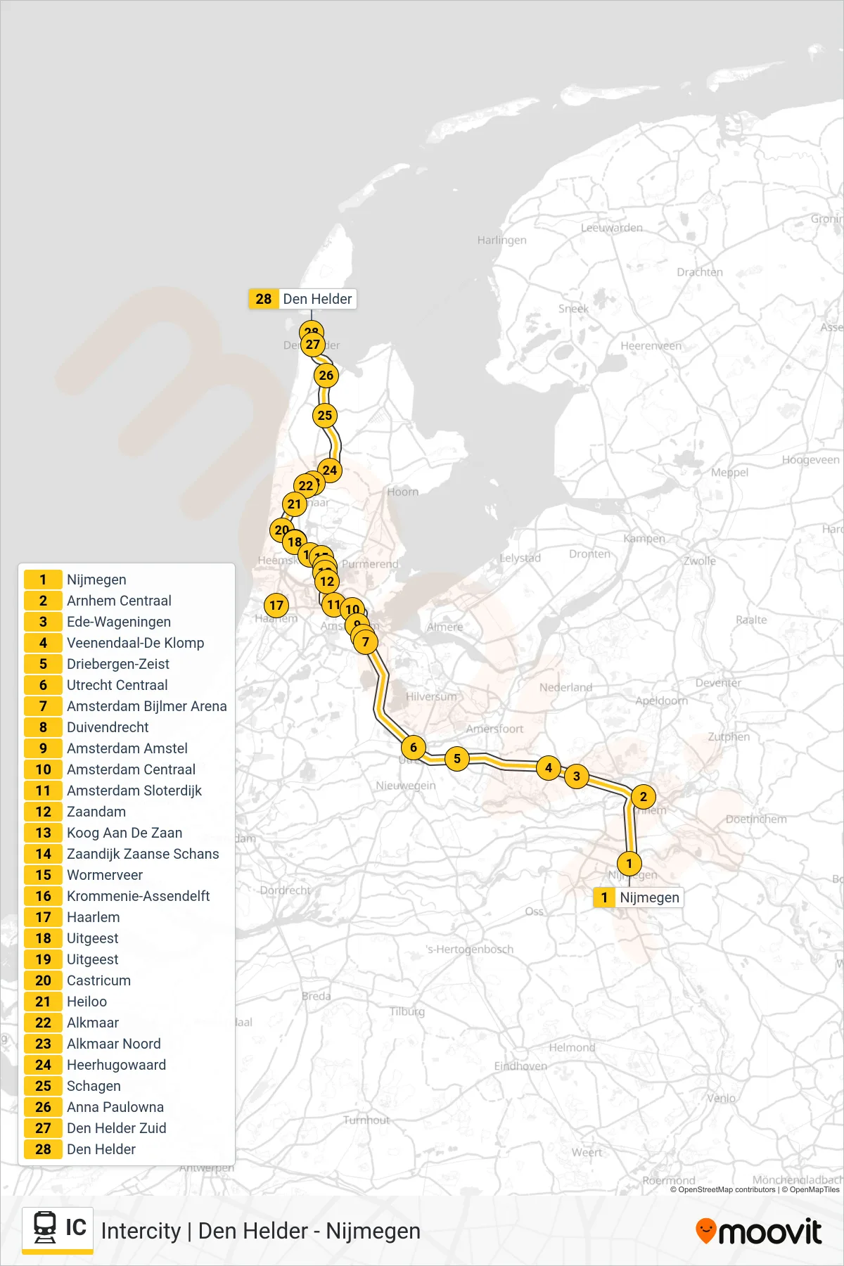 Lijn IC (trein, Den Helder): route en haltes op de kaart