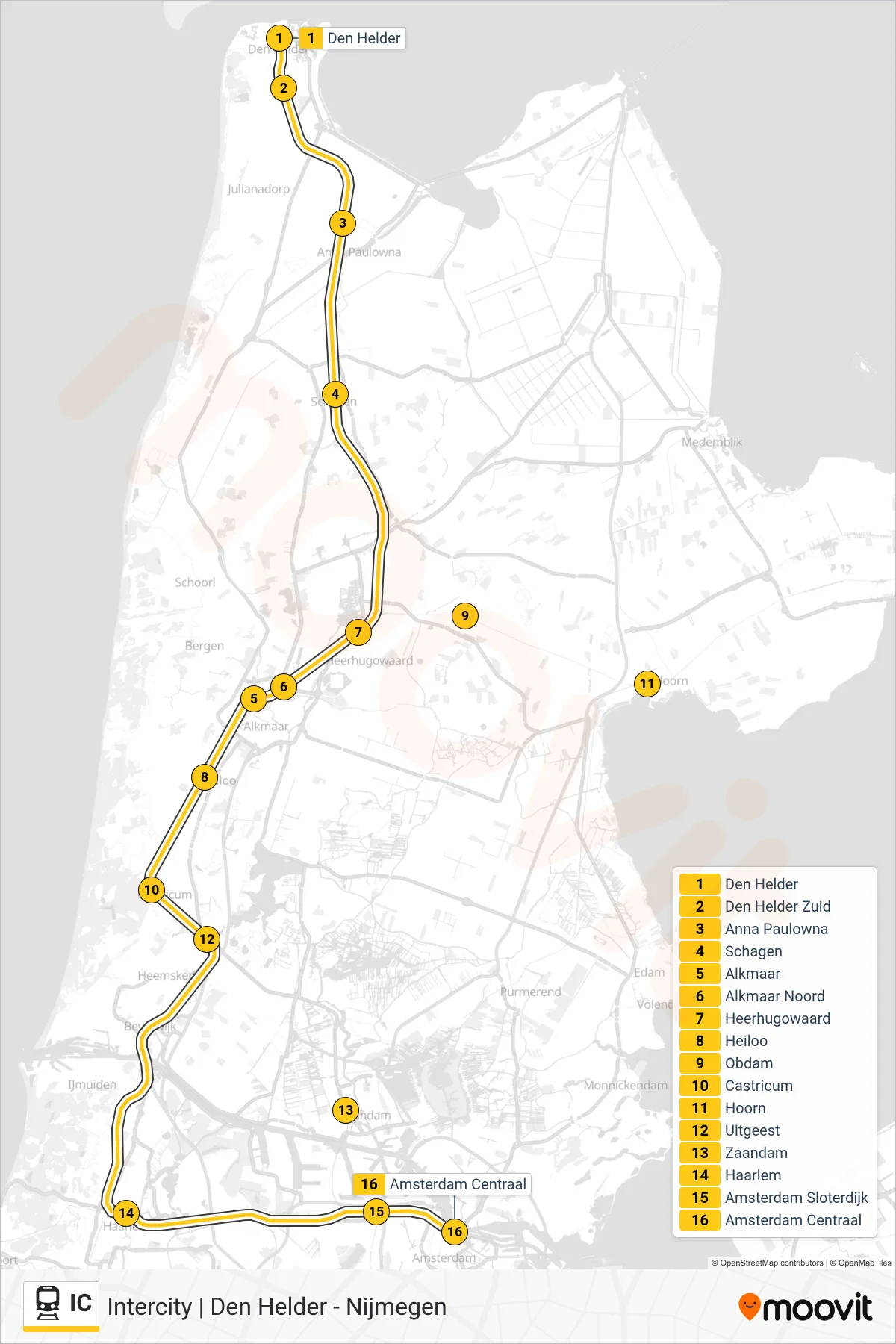 Lijn IC (trein, Amsterdam Centraal): route en haltes op de kaart