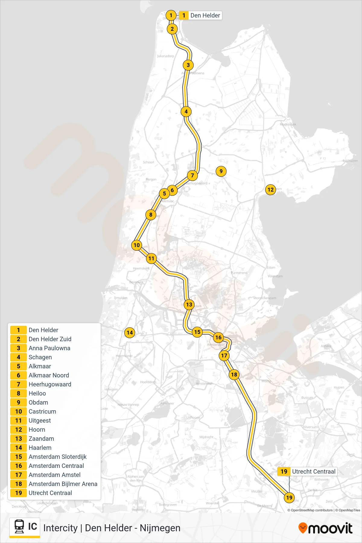 Lijn IC (trein, Utrecht Centraal): route en haltes op de kaart