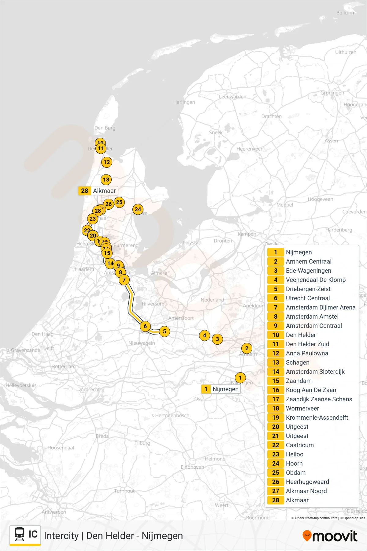 Lijn IC (trein, Alkmaar): route en haltes op de kaart