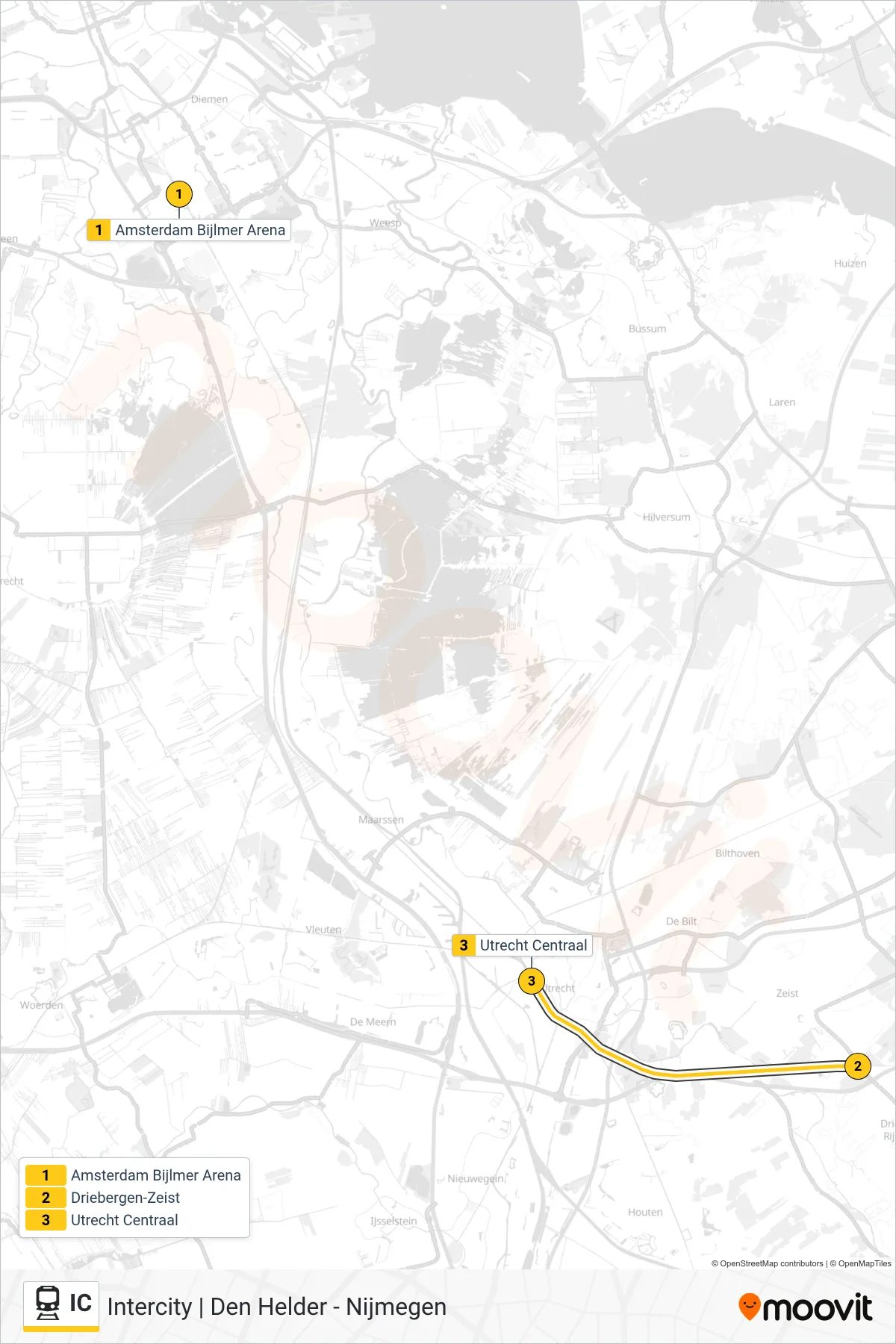 Lijn IC (trein, Utrecht Centraal): route en haltes op de kaart