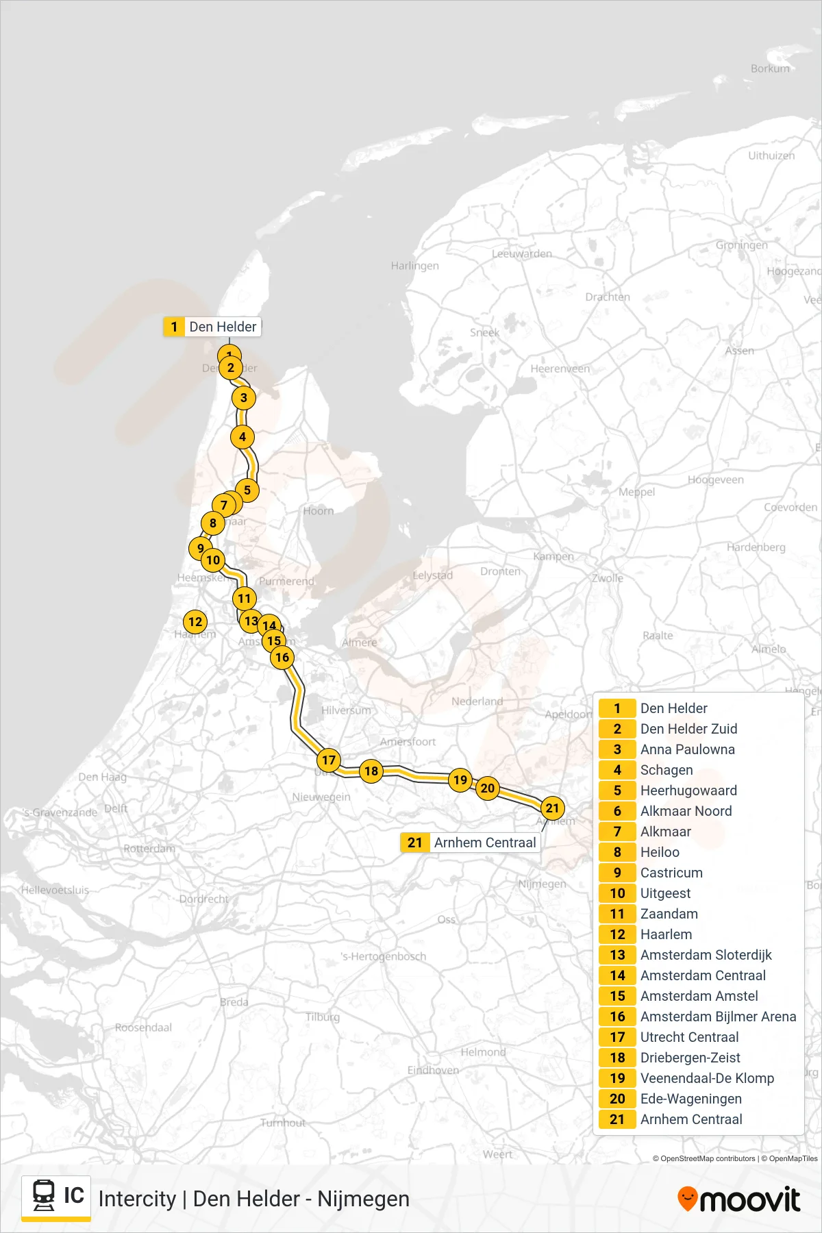 Lijn IC (trein, Arnhem Centraal): route en haltes op de kaart