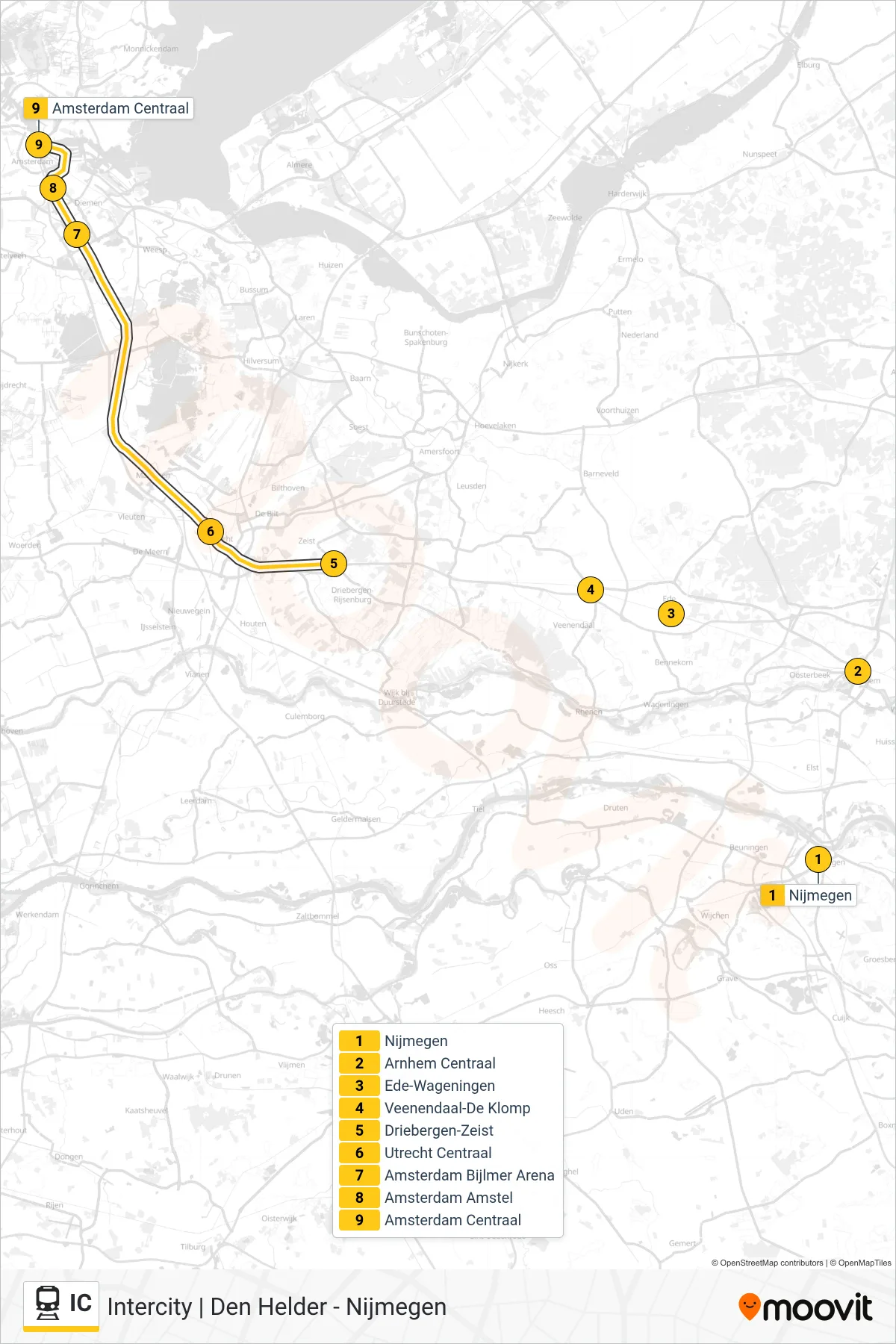 Lijn IC (trein, Amsterdam Centraal): route en haltes op de kaart