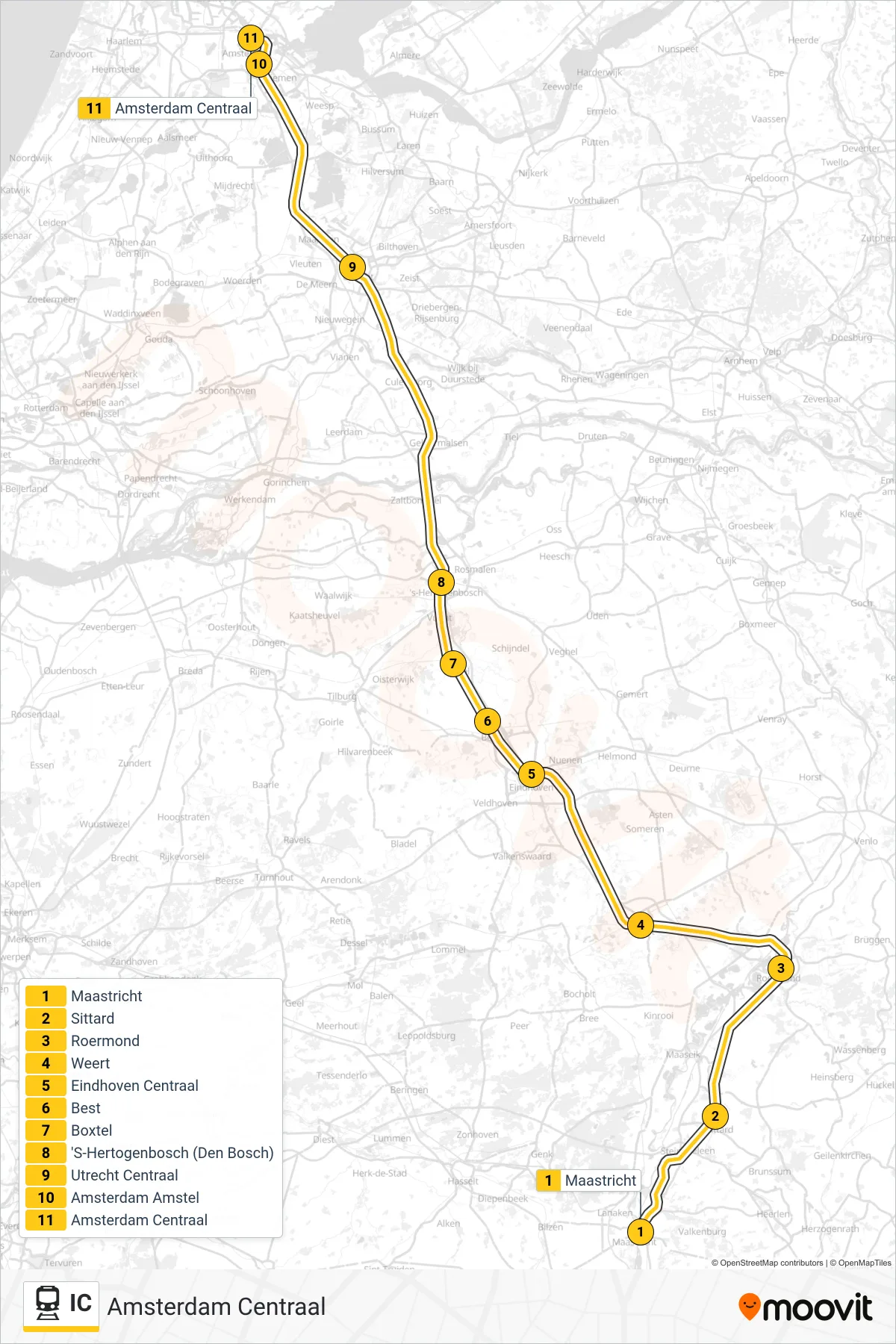 Lijn IC (trein, Amsterdam Centraal): route en haltes op de kaart
