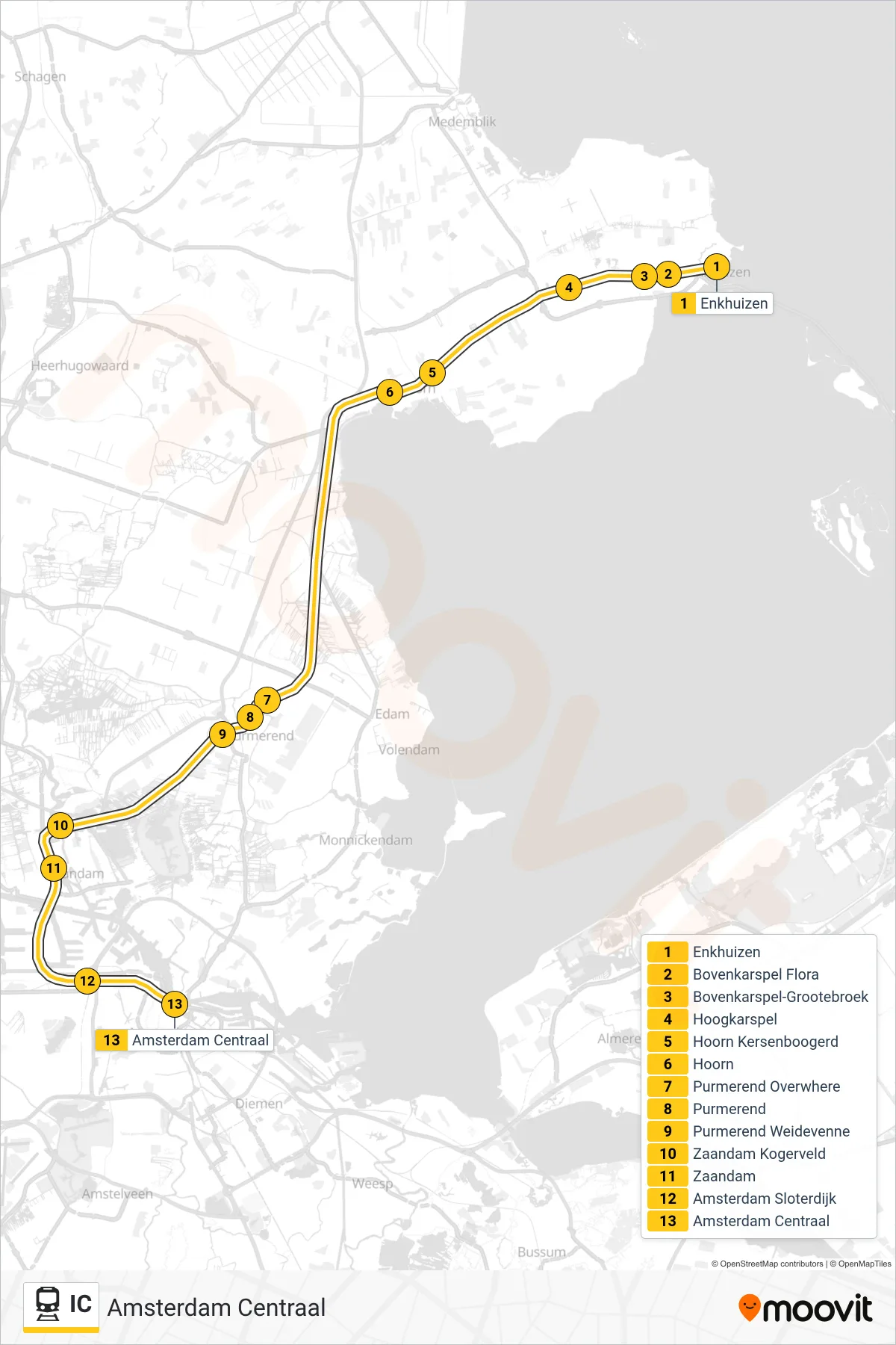 Lijn IC (trein, Amsterdam Centraal): route en haltes op de kaart
