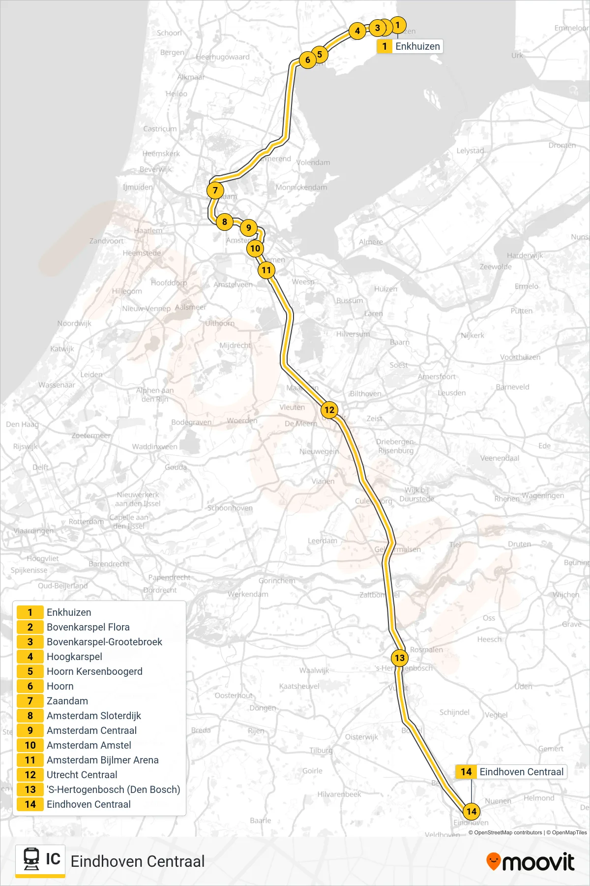 Lijn IC (trein, Eindhoven Centraal): route en haltes op de kaart