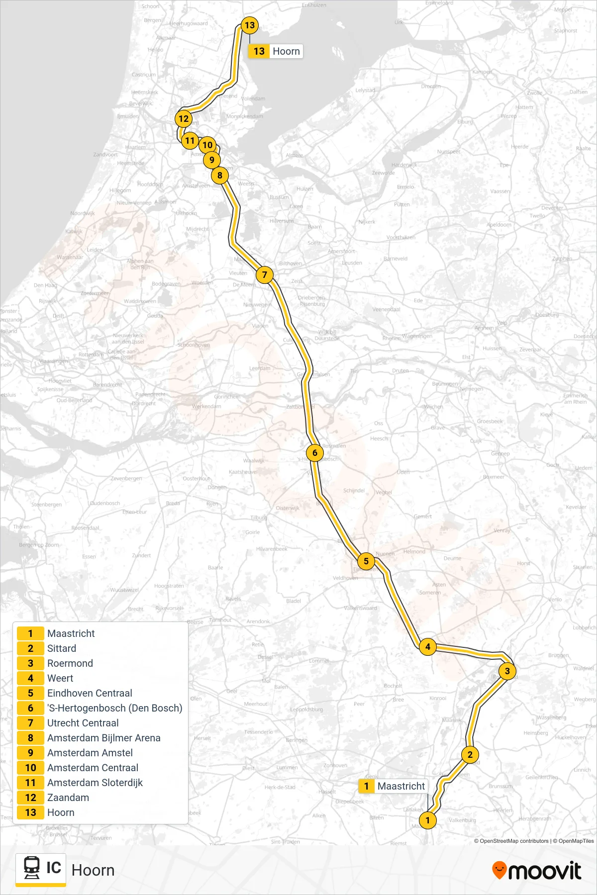 IC train Line (Hoorn) route and stops on a map