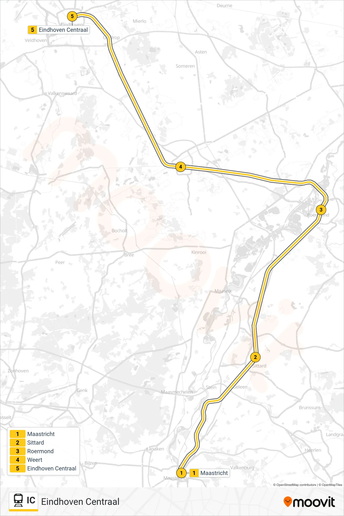 Linie IC (Bahn) Richtung Eindhoven Centraal: Route und Haltestellen auf der Karte