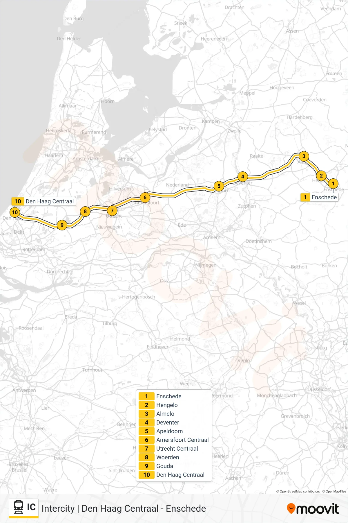 Lijn IC (trein, Den Haag Centraal): route en haltes op de kaart