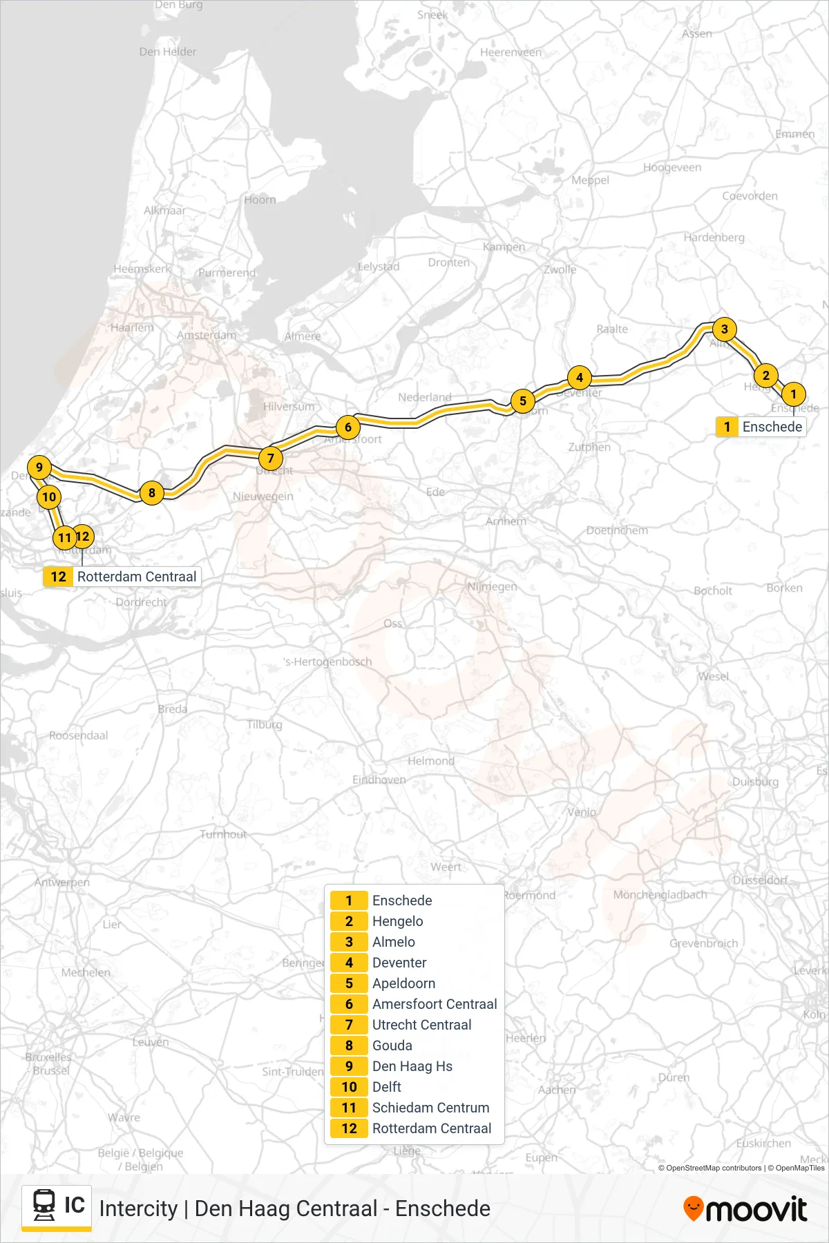 Linie IC (Bahn) Richtung Rotterdam Centraal: Route und Haltestellen auf der Karte