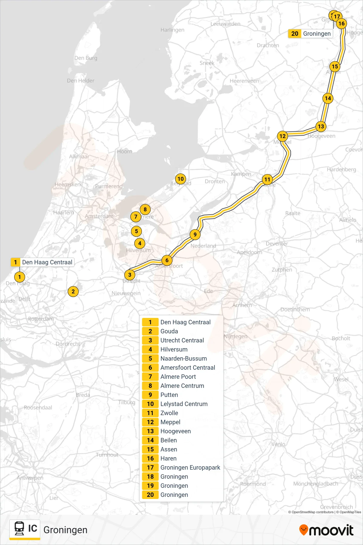 Lijn IC (trein, Groningen): route en haltes op de kaart