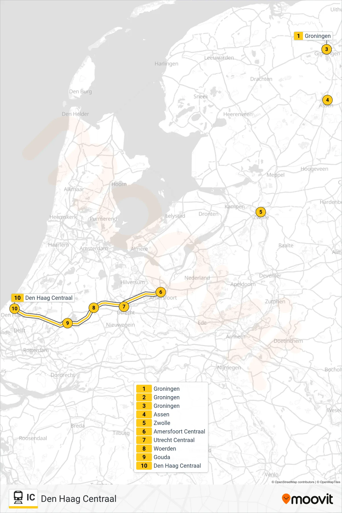 Lijn IC (trein, Den Haag Centraal): route en haltes op de kaart