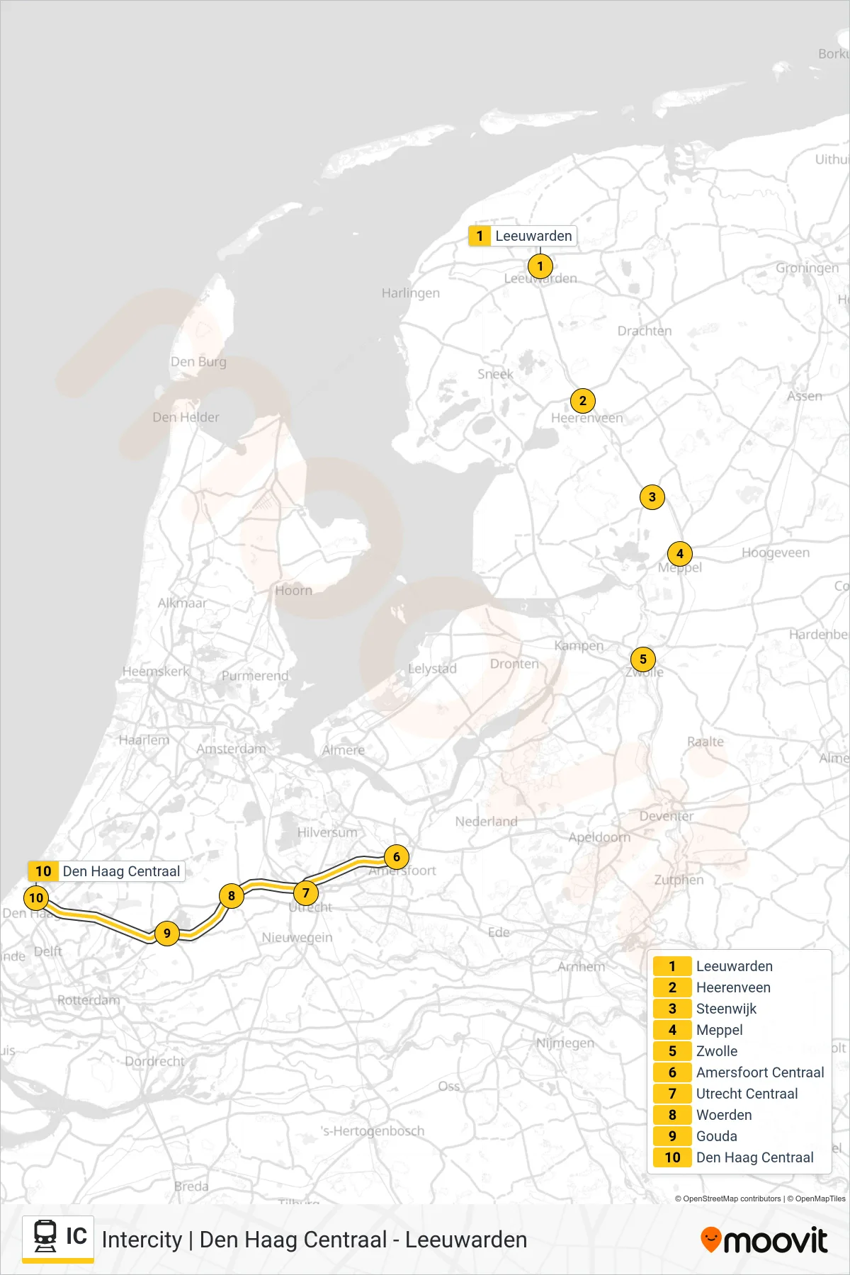 Lijn IC (trein, Den Haag Centraal): route en haltes op de kaart