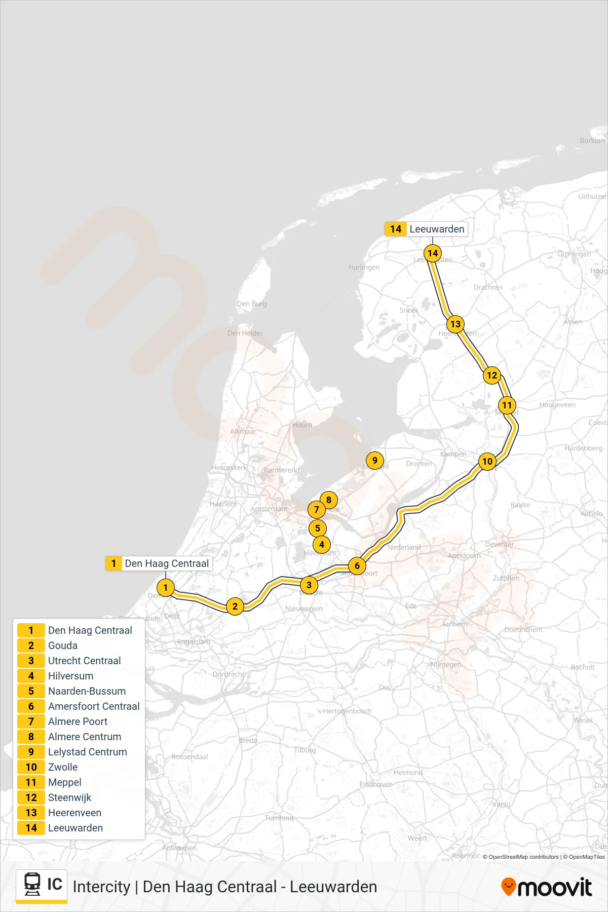 Linie IC (Bahn) Richtung Leeuwarden: Route und Haltestellen auf der Karte