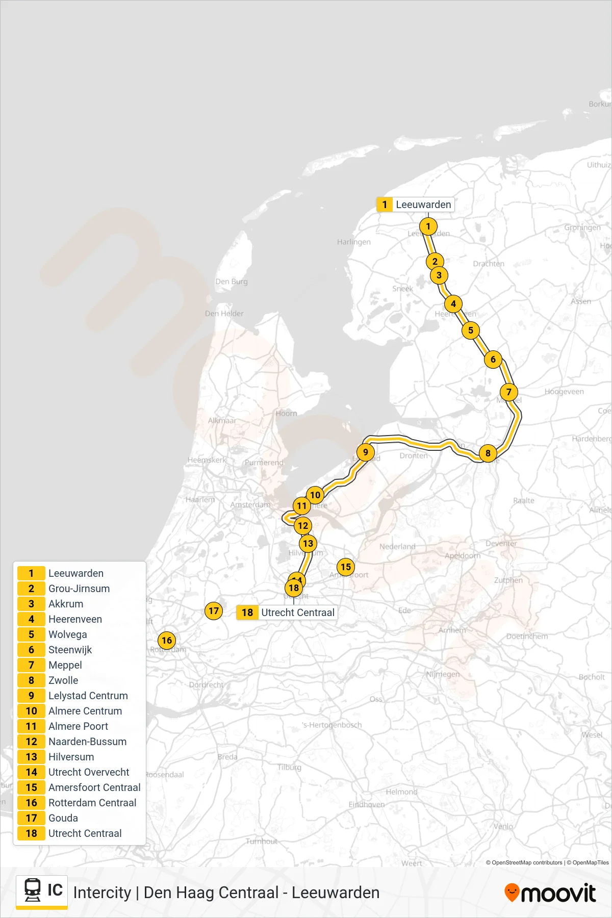 IC train Line (Utrecht Centraal) route and stops on a map