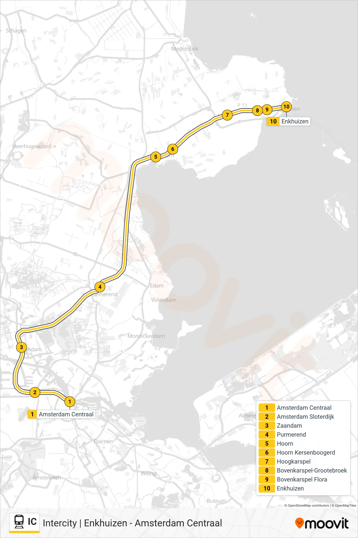 Linie IC (Bahn) Richtung Enkhuizen: Route und Haltestellen auf der Karte