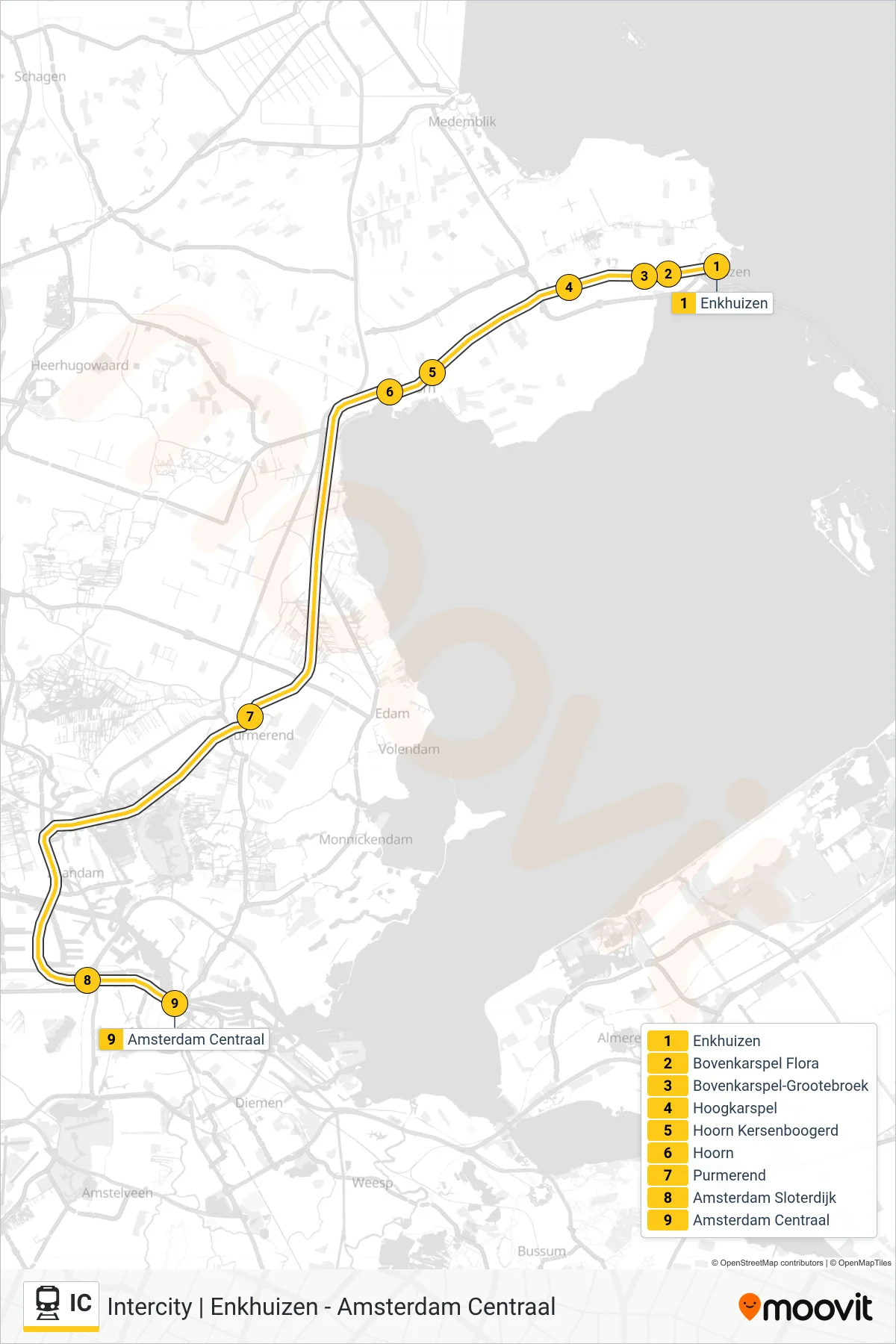 Lijn IC (trein, Amsterdam Centraal): route en haltes op de kaart