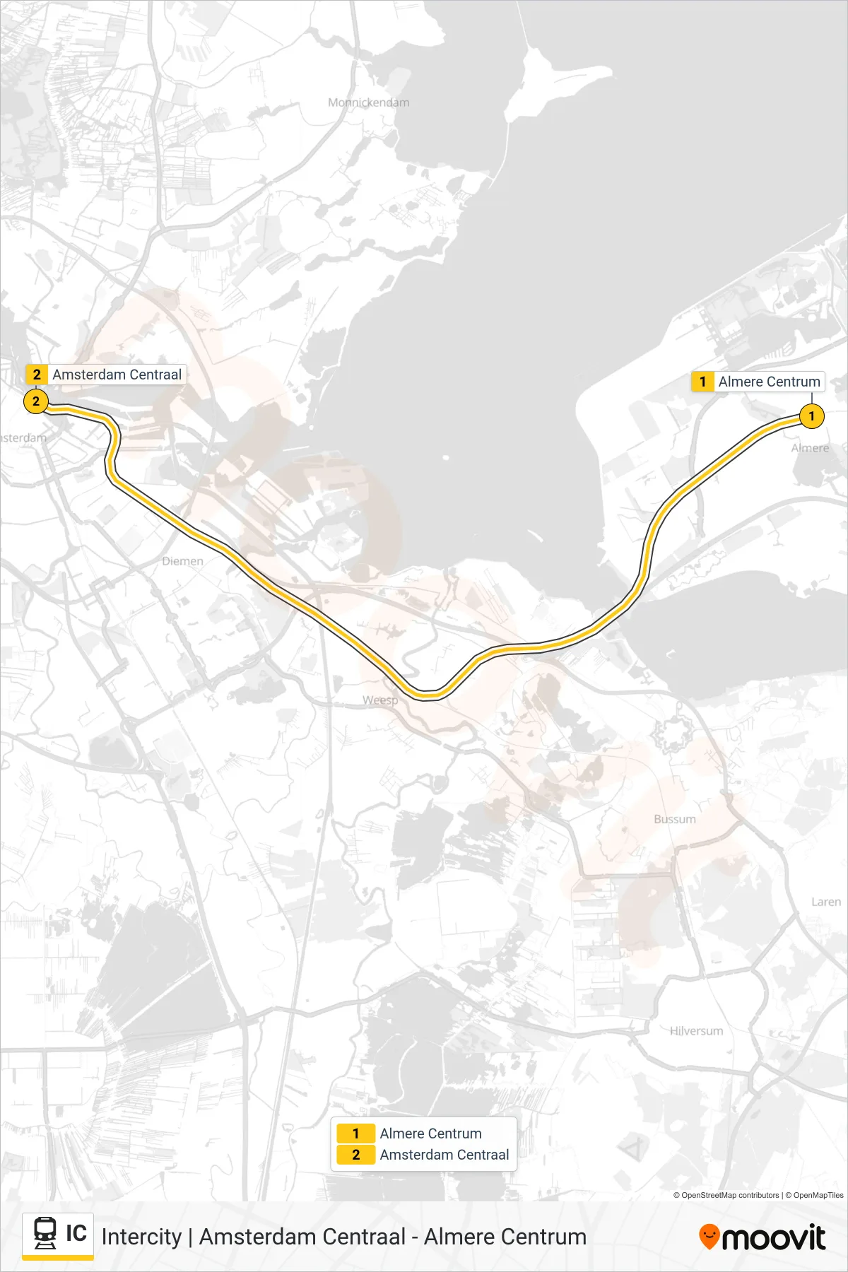 IC rail Line (Amsterdam Centraal) route and stops on a map