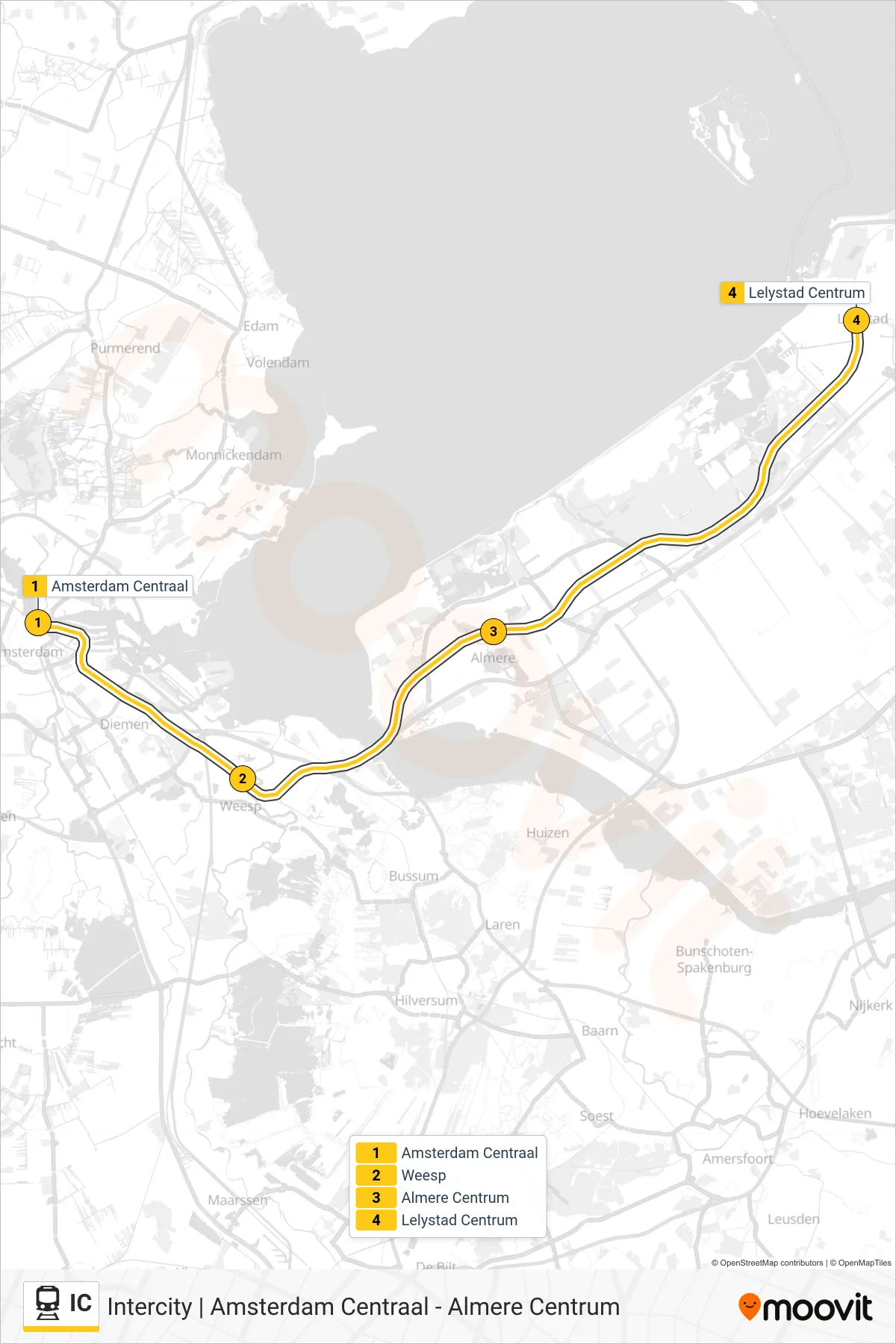Lijn IC (trein, Lelystad Centrum): route en haltes op de kaart