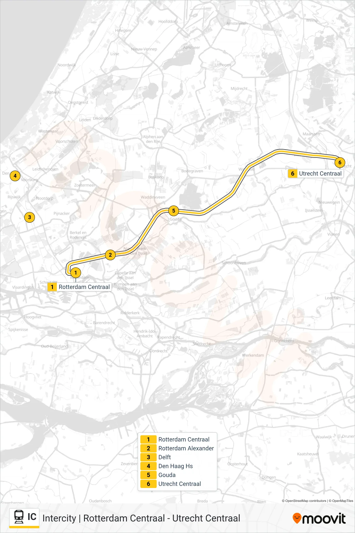 IC rail Line (Utrecht Centraal) route and stops on a map