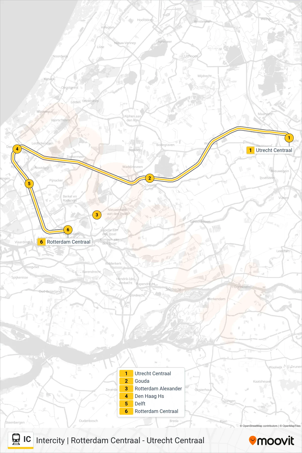 Lijn IC (trein, Rotterdam Centraal): route en haltes op de kaart