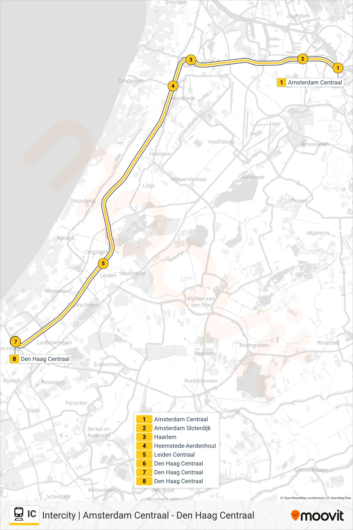 Lijn IC (trein, Den Haag Centraal): route en haltes op de kaart