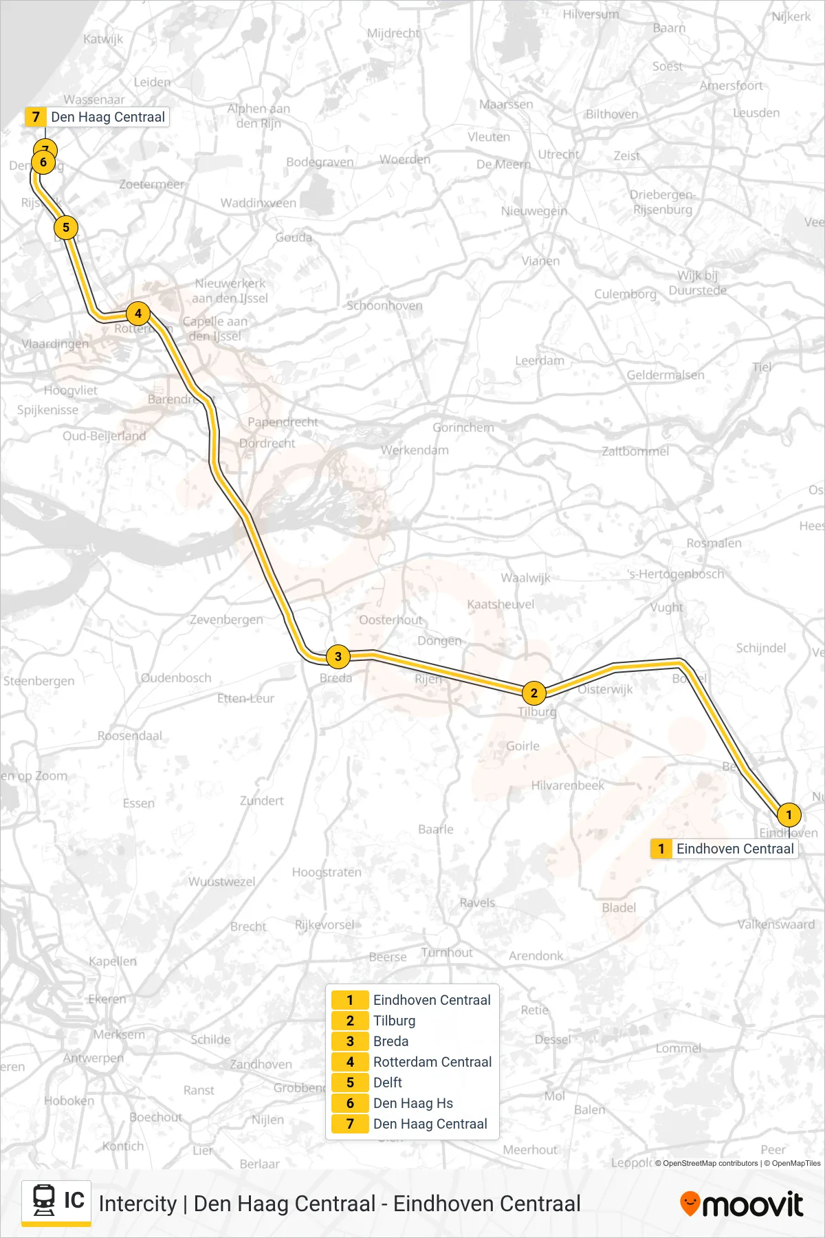 IC rail Line (Den Haag Centraal) route and stops on a map