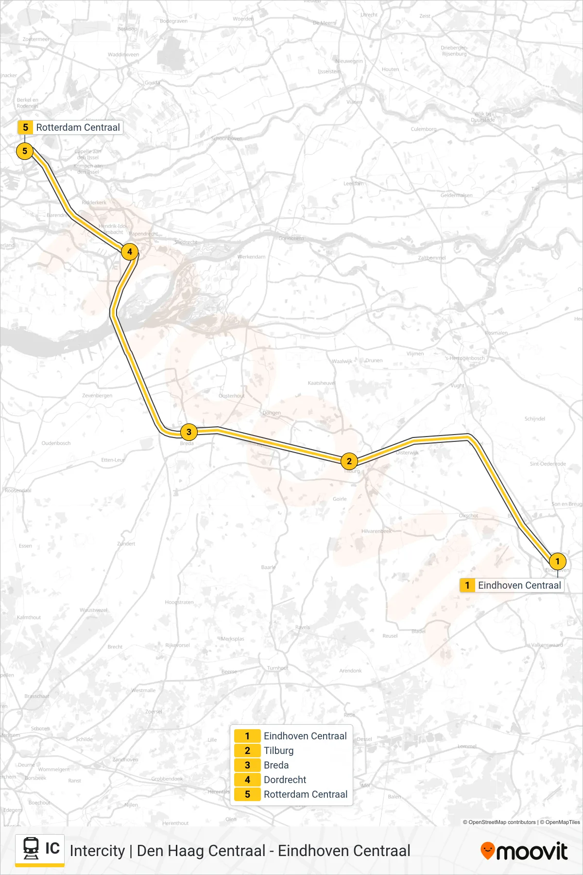 Lijn IC (trein, Rotterdam Centraal): route en haltes op de kaart