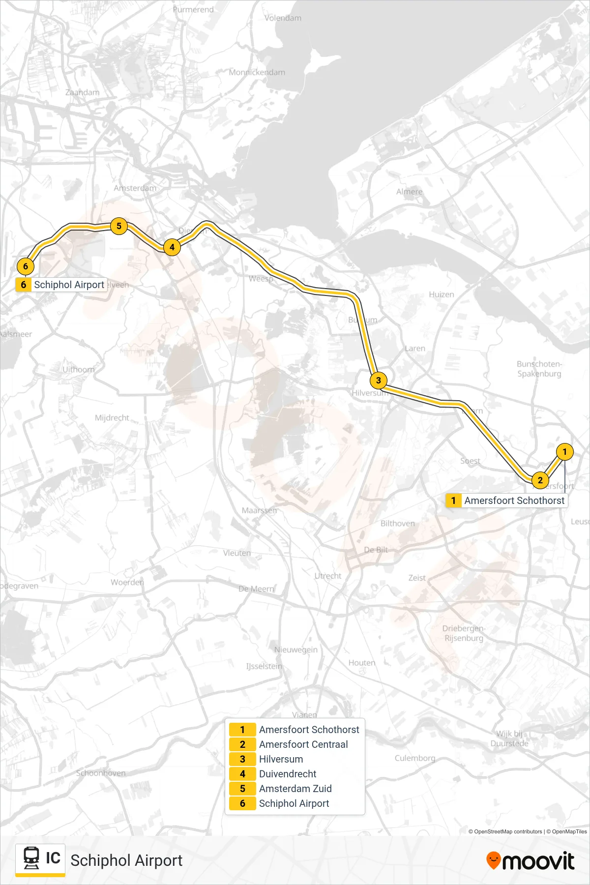 Lijn IC (trein, Schiphol Airport): route en haltes op de kaart