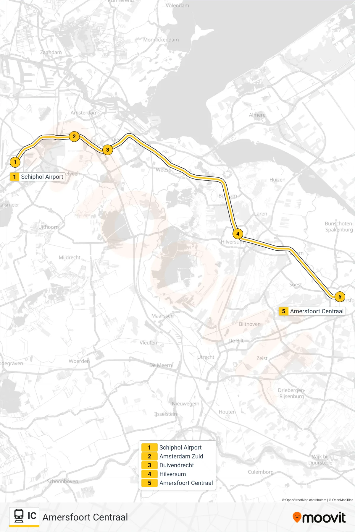 Linie IC (Bahn) Richtung Amersfoort Centraal: Route und Haltestellen auf der Karte