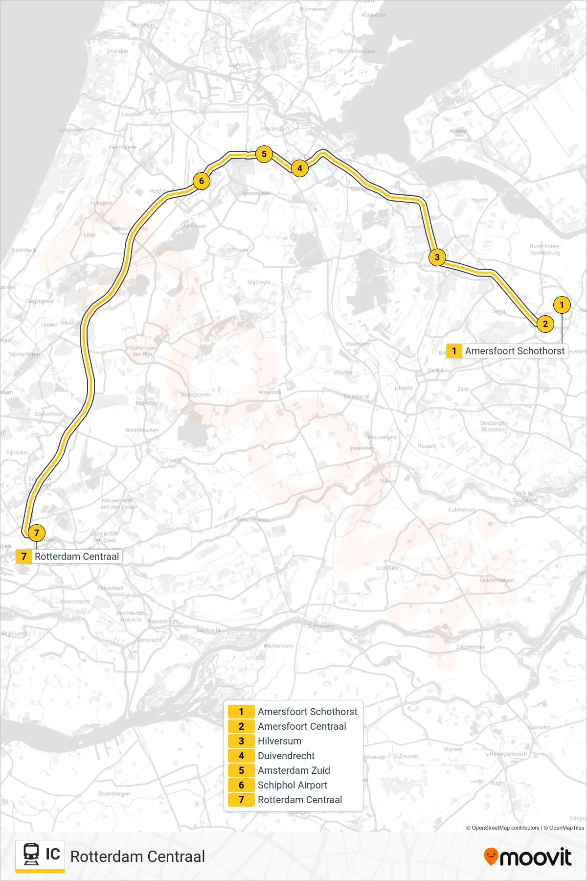 Lijn IC (trein, Rotterdam Centraal): route en haltes op de kaart