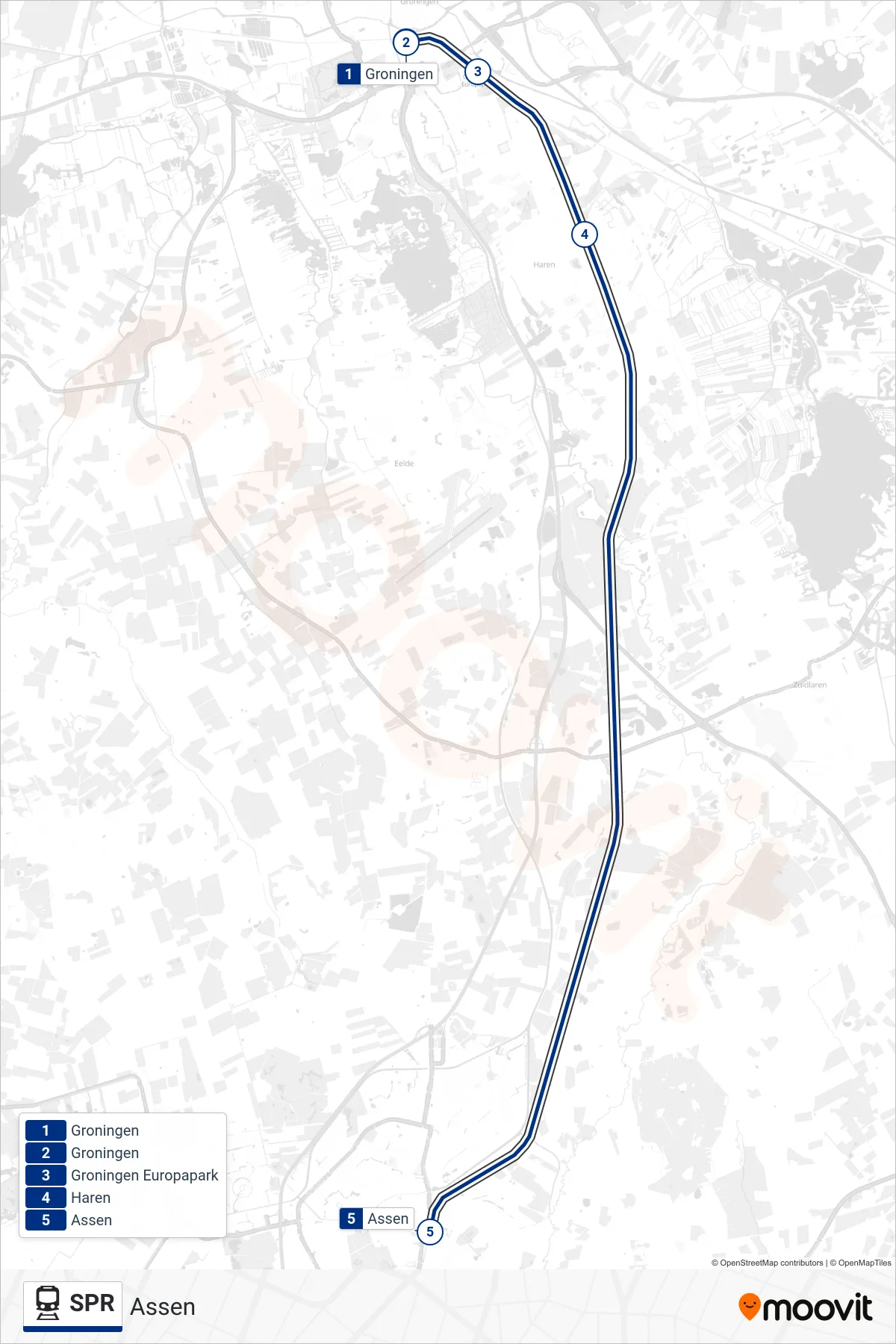 Lijn SPR (trein, Assen): route en haltes op de kaart
