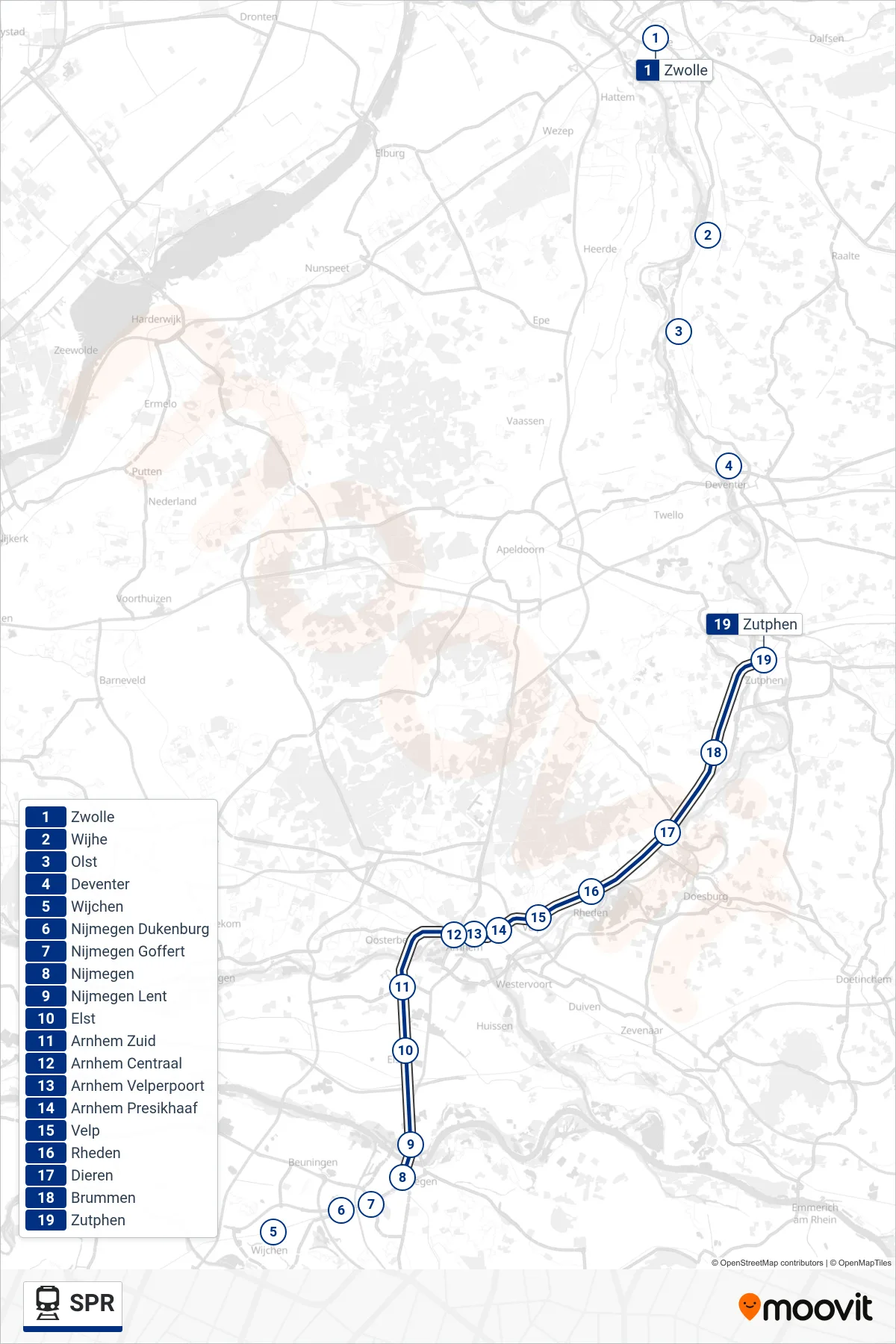 Lijn SPR (trein, Zutphen): route en haltes op de kaart