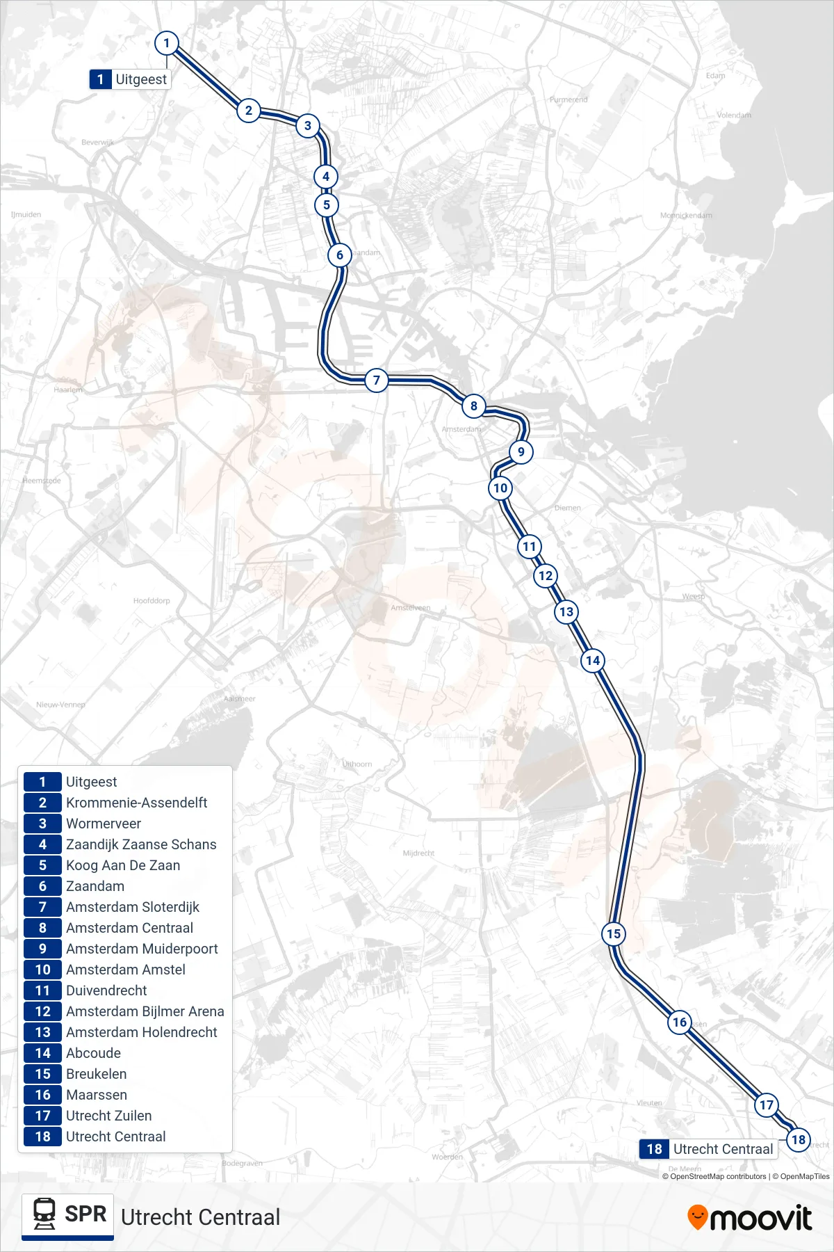 Lijn SPR (trein, Utrecht Centraal): route en haltes op de kaart