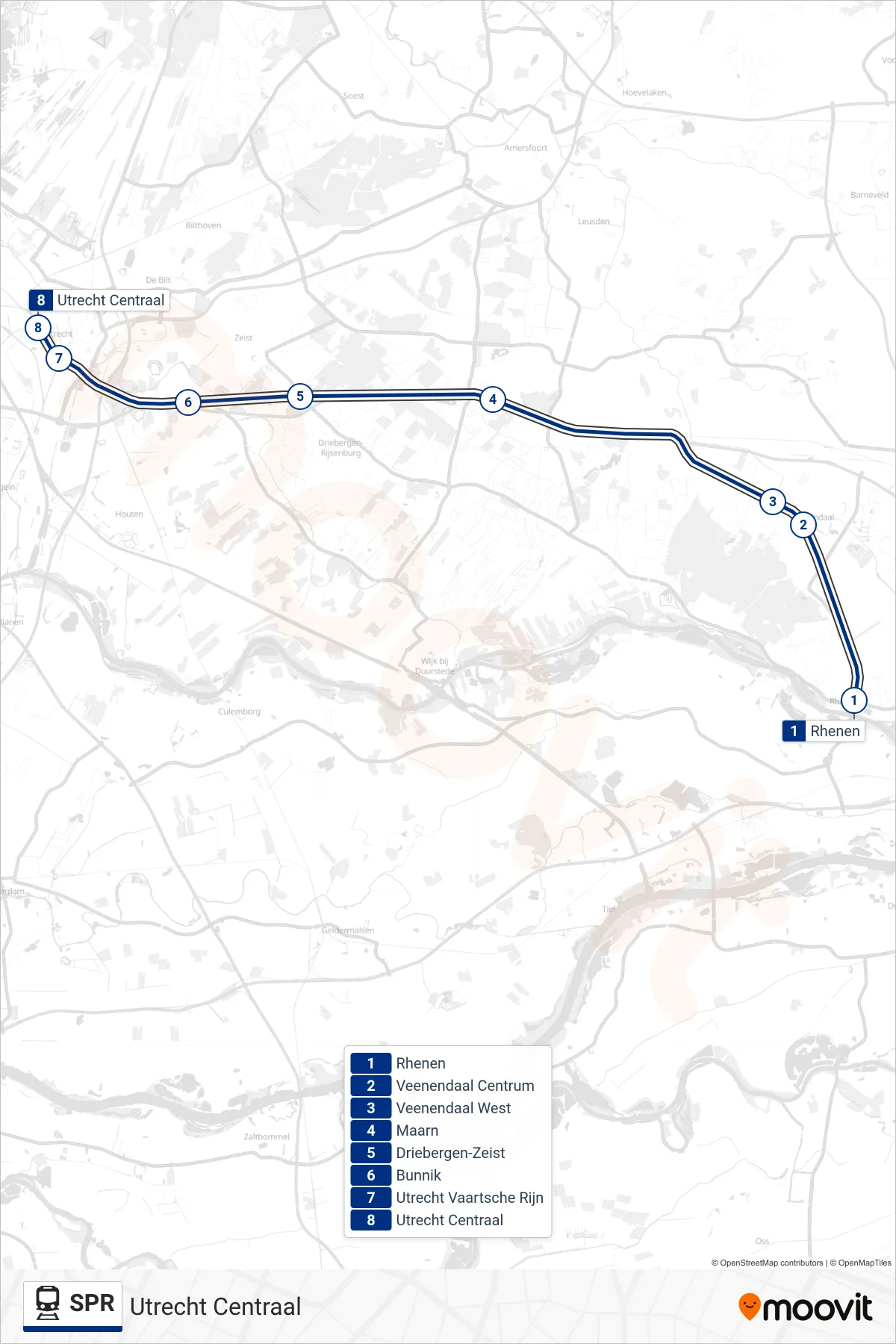 Lijn SPR (trein, Utrecht Centraal): route en haltes op de kaart
