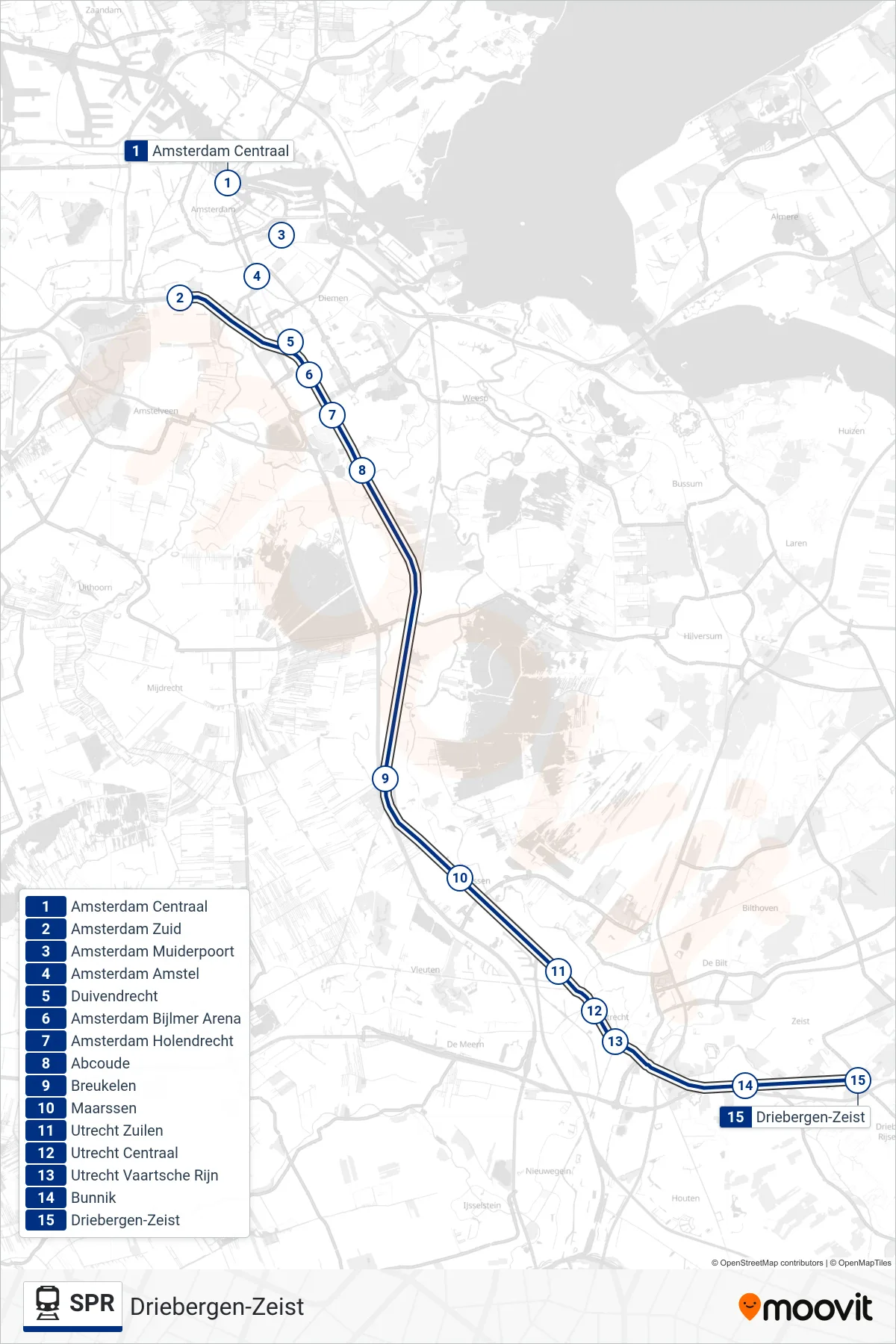 Lijn SPR (trein, Driebergen-Zeist): route en haltes op de kaart