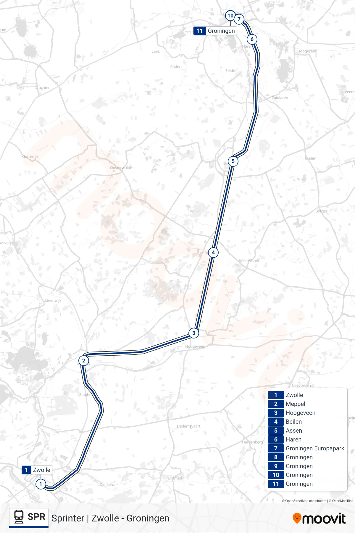 Lijn SPR (trein, Groningen): route en haltes op de kaart