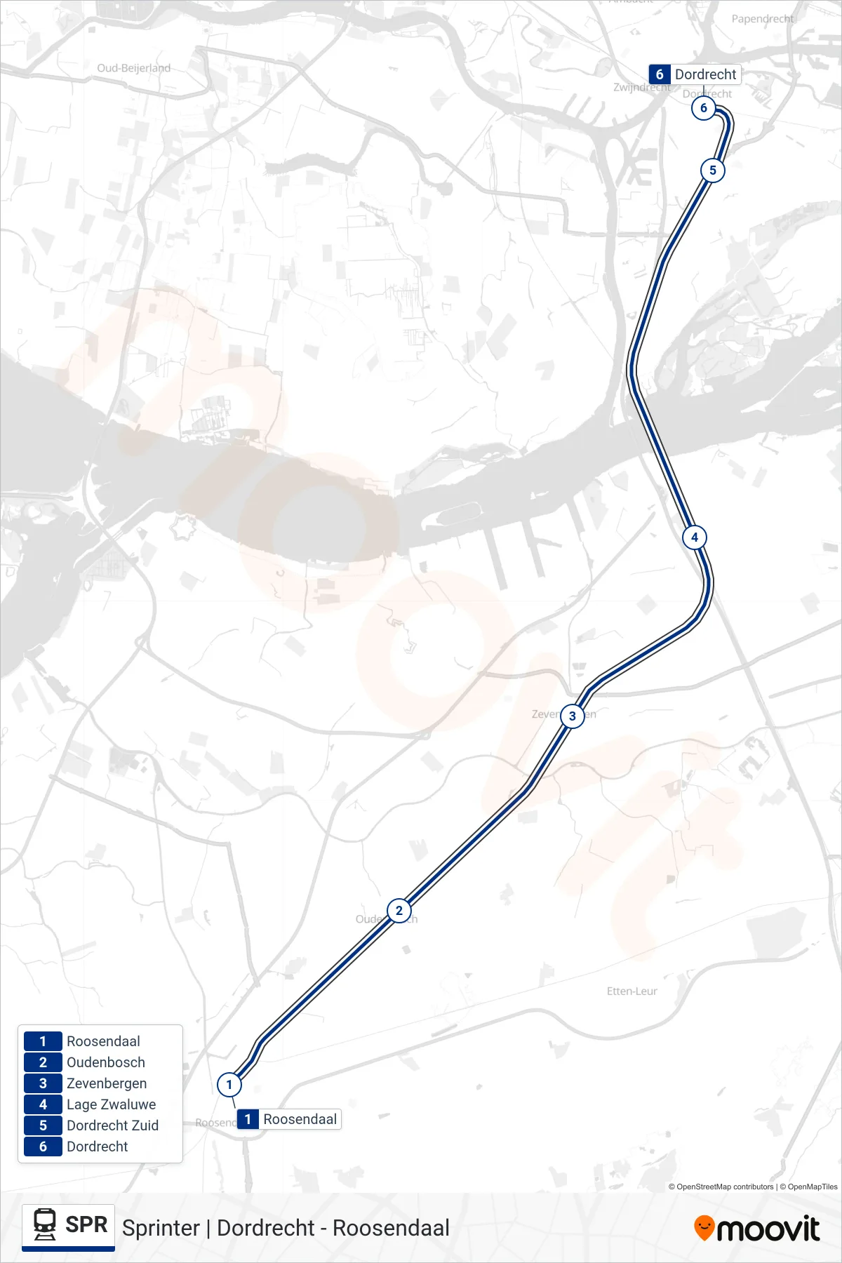 Lijn SPR (trein, Dordrecht): route en haltes op de kaart