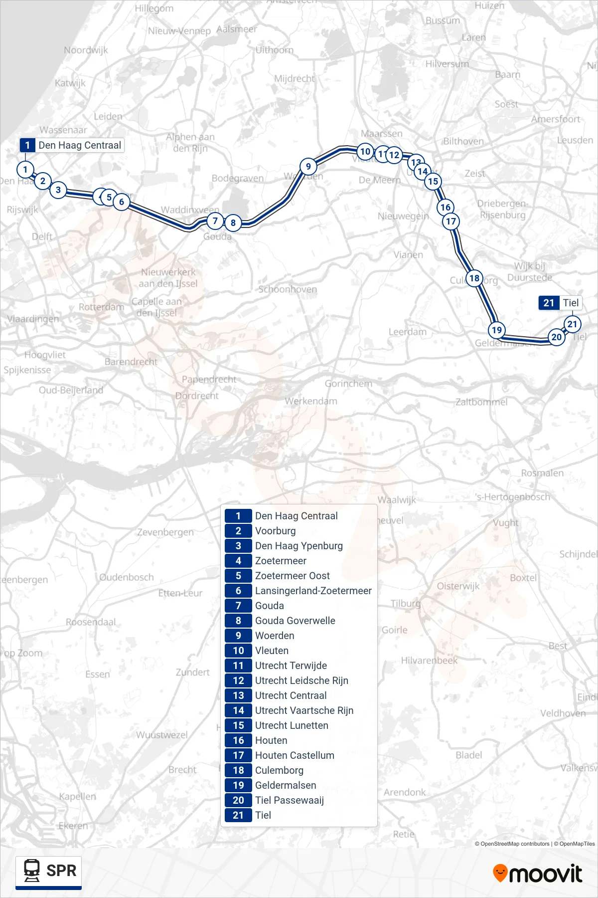 Lijn SPR (trein, Tiel): route en haltes op de kaart