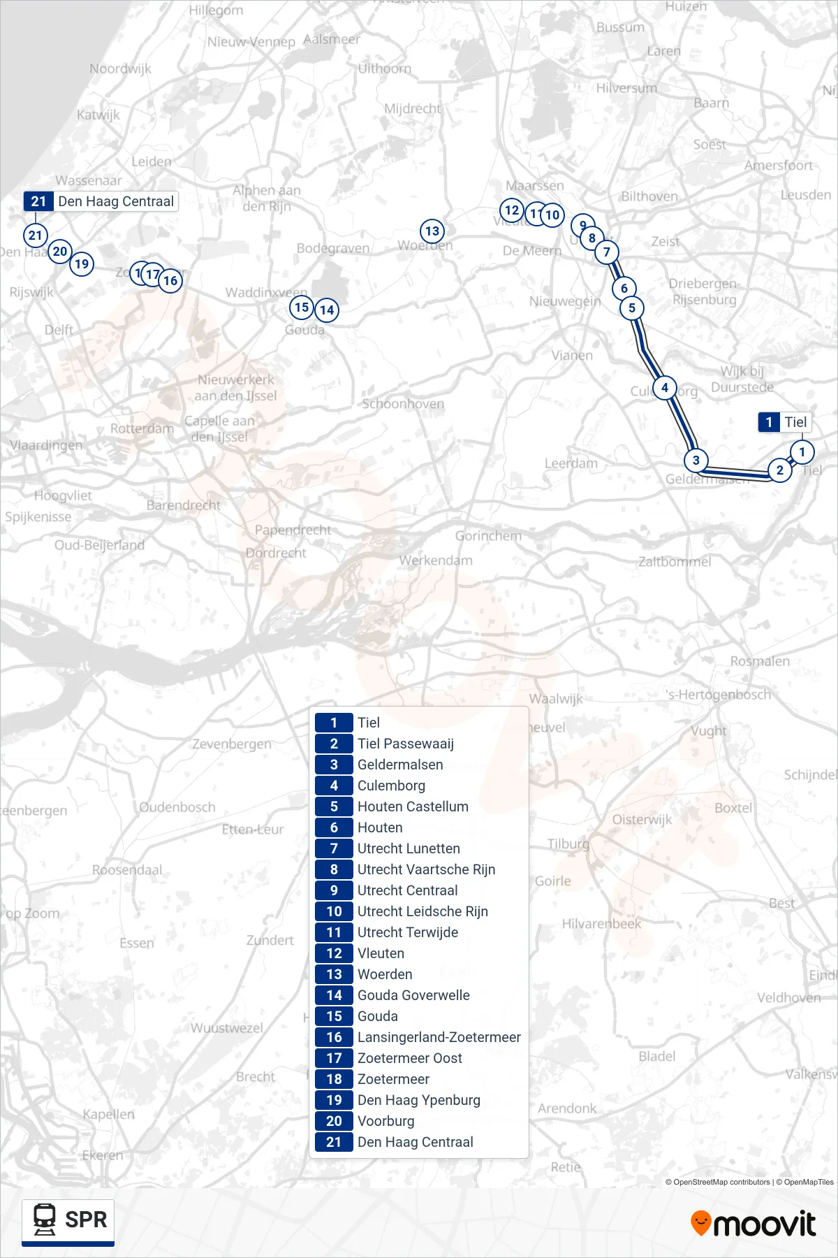 Lijn SPR (trein, Den Haag Centraal): route en haltes op de kaart