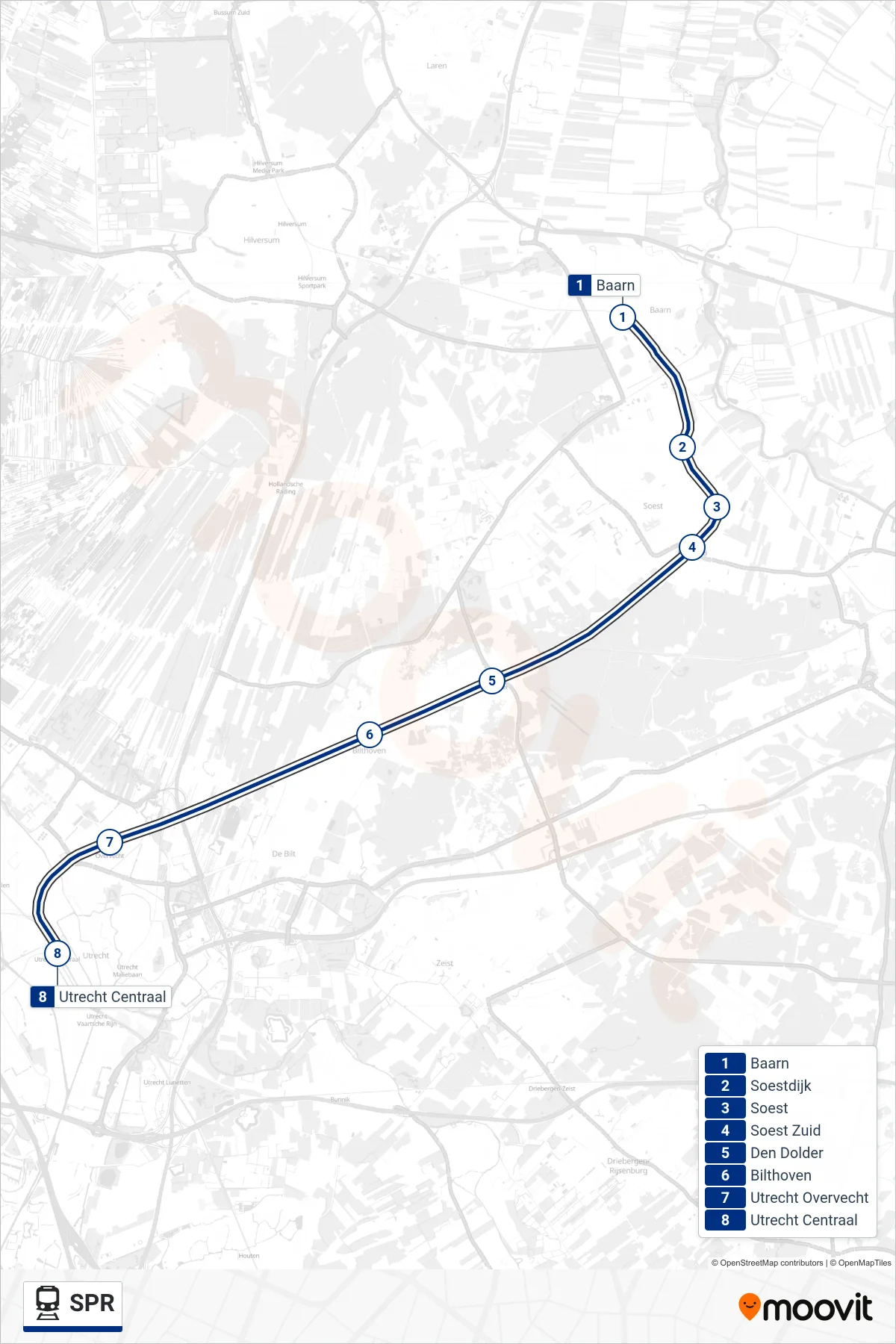 Lijn SPR (trein, Utrecht Centraal): route en haltes op de kaart