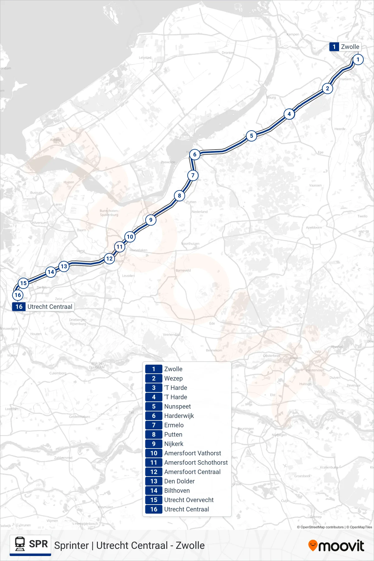 Lijn SPR (trein, Utrecht Centraal): route en haltes op de kaart