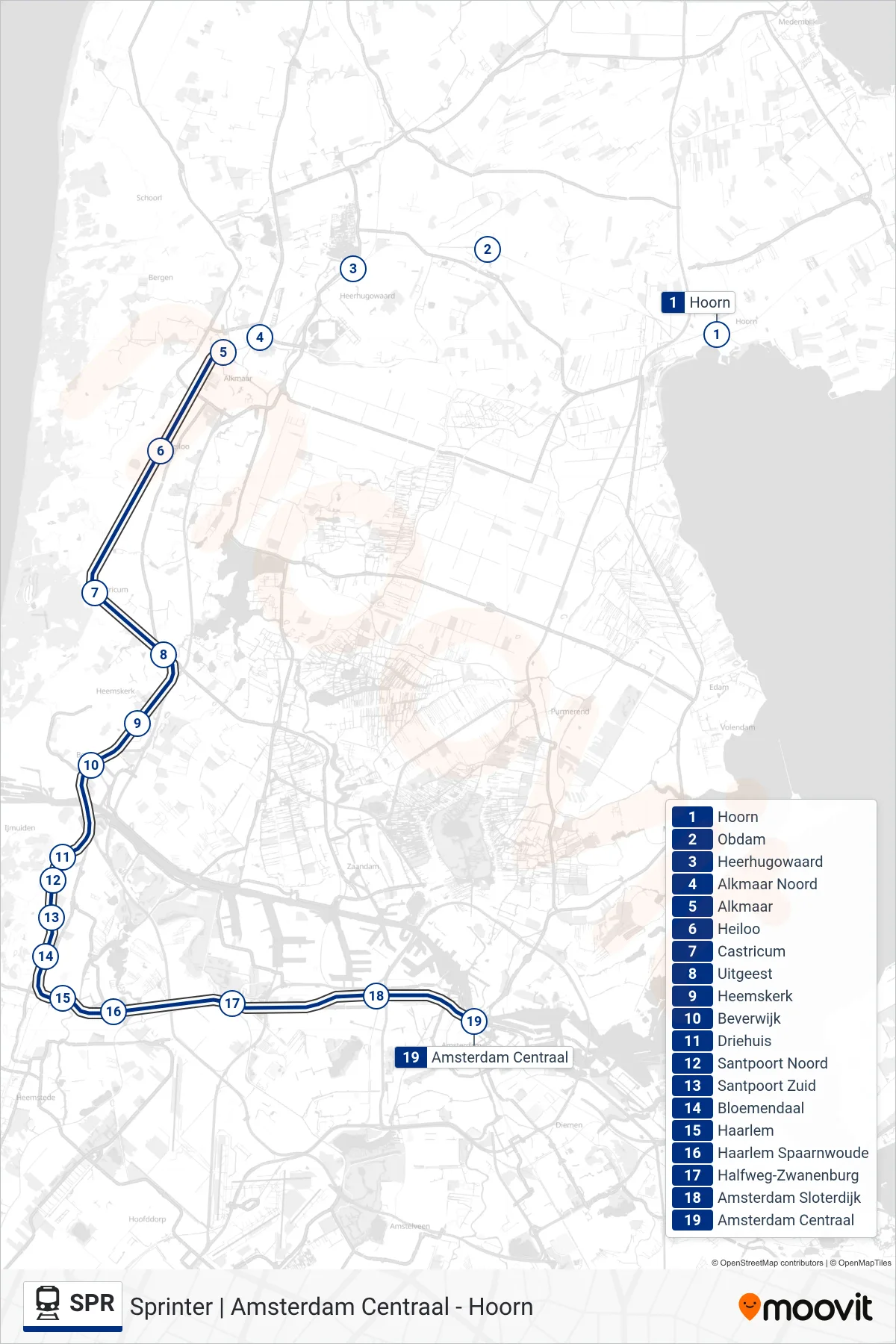 Lijn SPR (trein, Amsterdam Centraal): route en haltes op de kaart