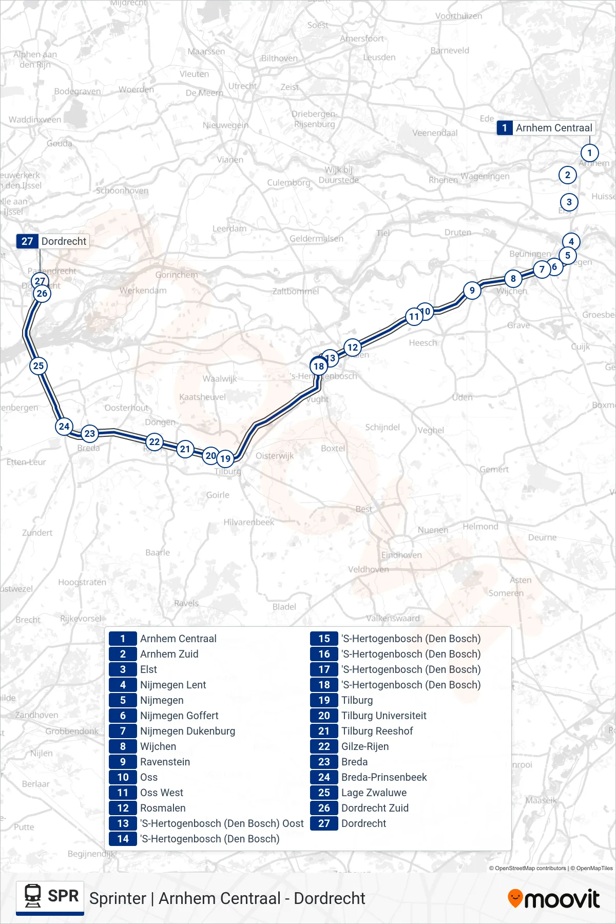 Lijn SPR (trein, Dordrecht): route en haltes op de kaart