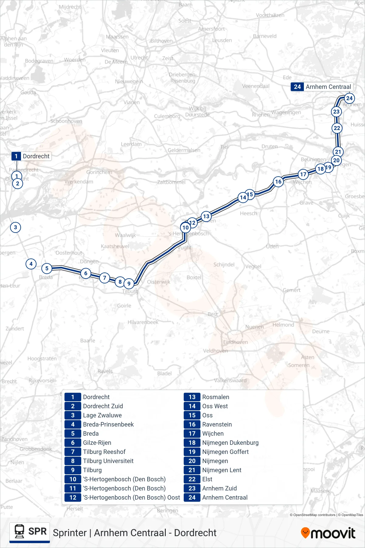 Lijn SPR (trein, Arnhem Centraal): route en haltes op de kaart