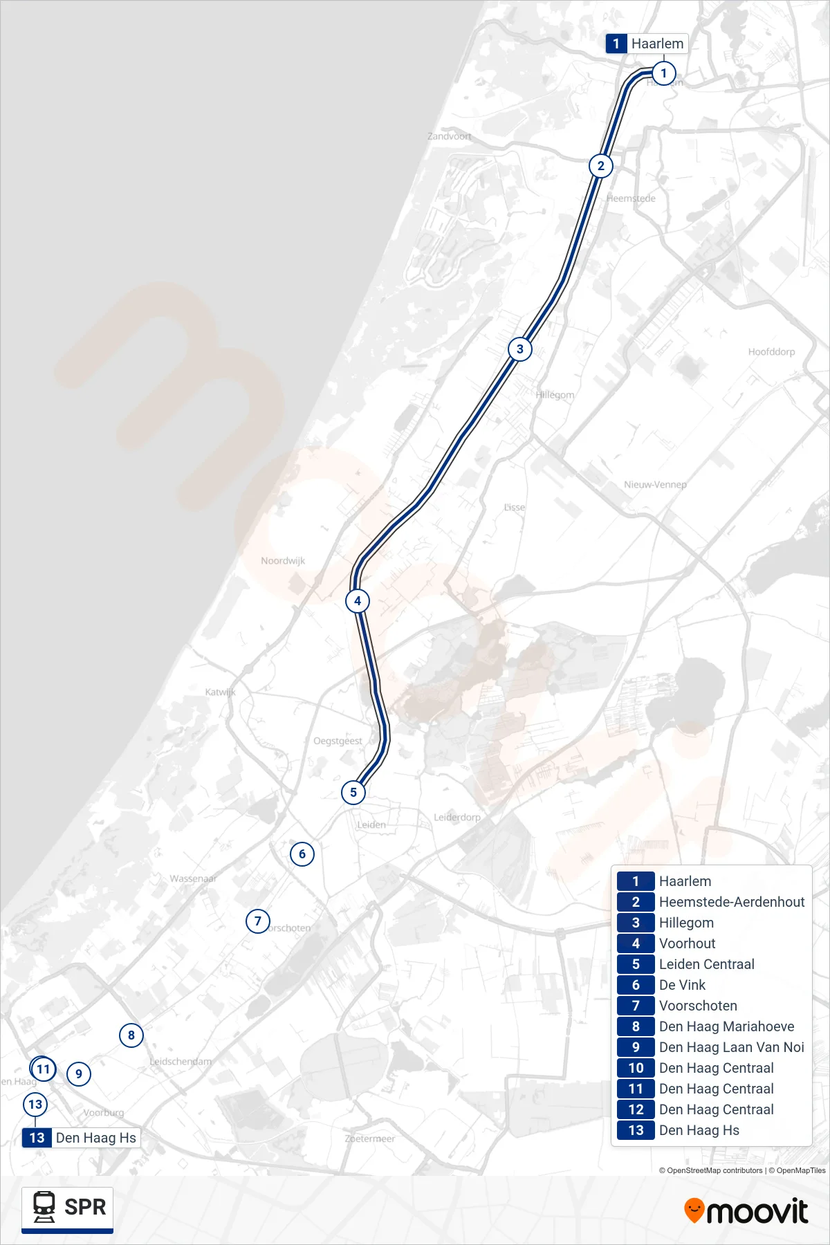 Lijn SPR (trein, Den Haag Centraal): route en haltes op de kaart