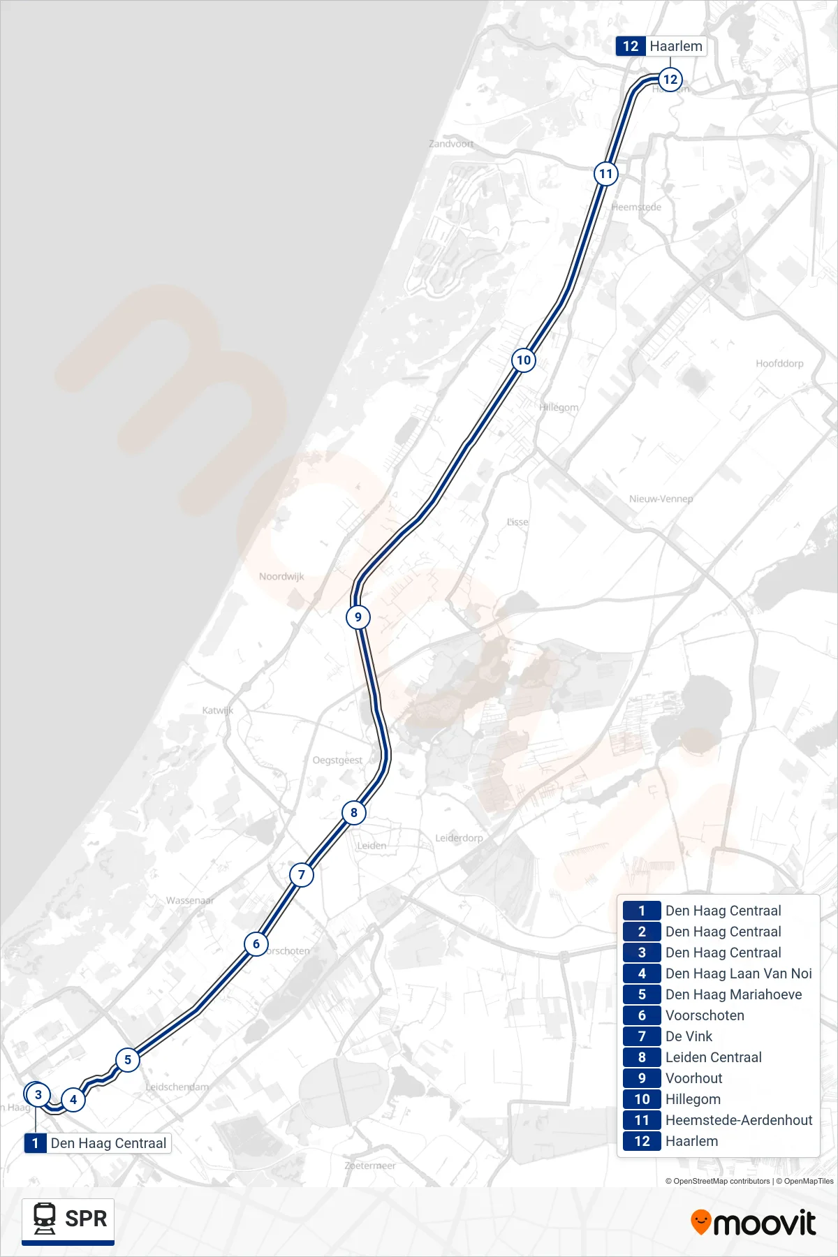 Lijn SPR (trein, Haarlem): route en haltes op de kaart